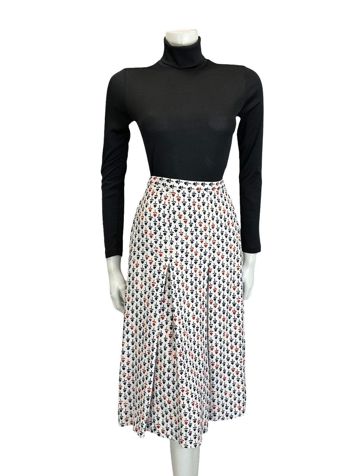 VTG 60S 70S WHITE RED NAVY BLUE GEOMETRIC FLORAL PLEATED PREPPY MIDI SKIRT 10