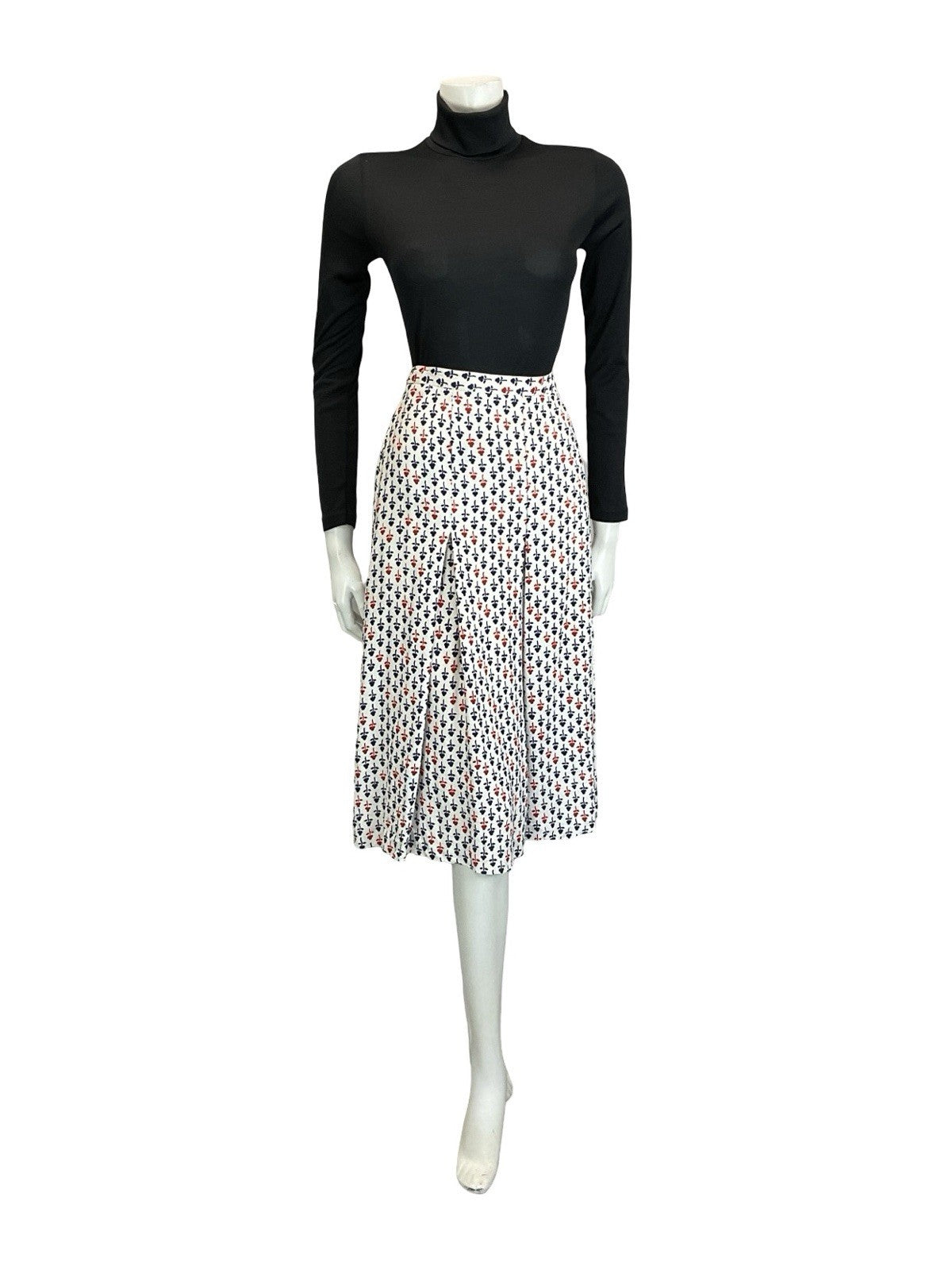 VTG 60S 70S WHITE RED NAVY BLUE GEOMETRIC FLORAL PLEATED PREPPY MIDI SKIRT 10