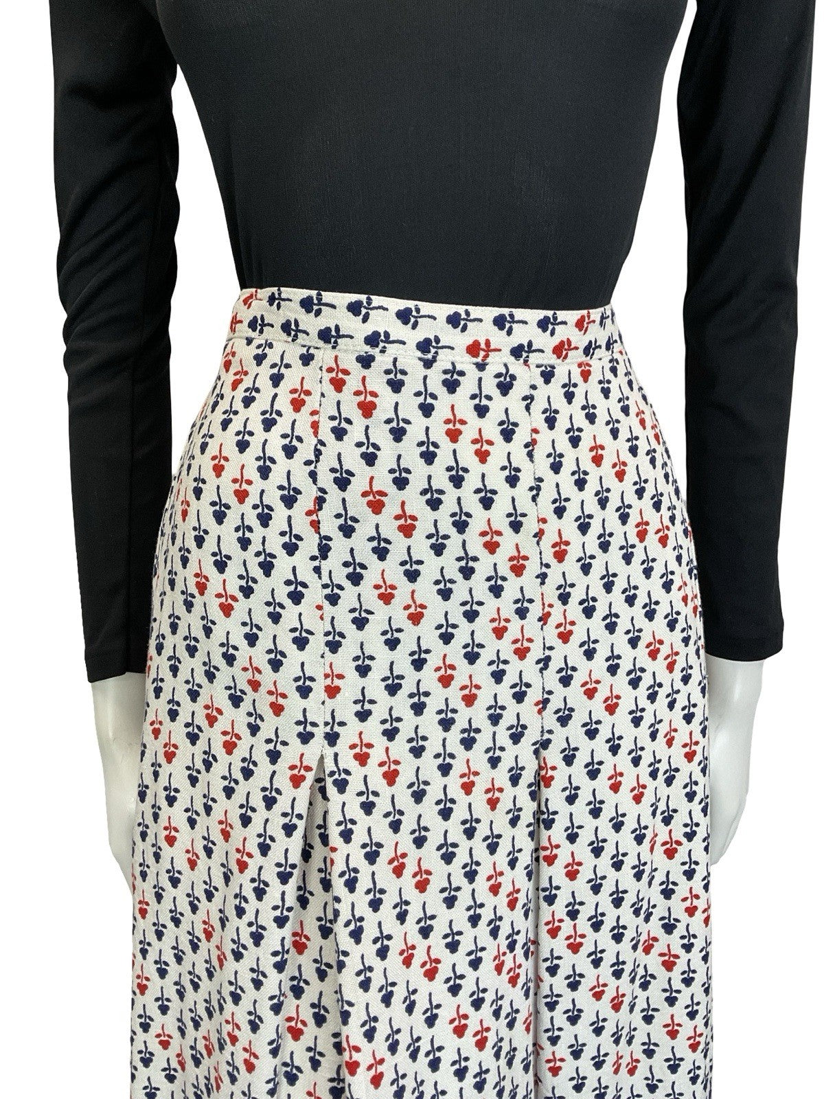 VTG 60S 70S WHITE RED NAVY BLUE GEOMETRIC FLORAL PLEATED PREPPY MIDI SKIRT 10