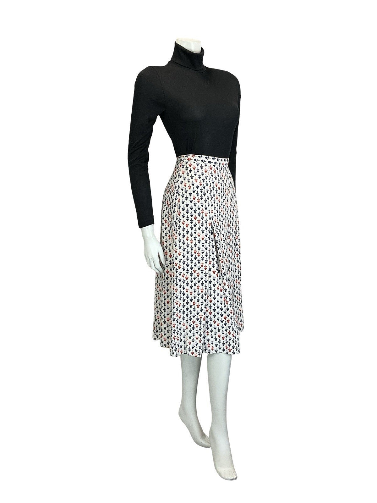 VTG 60S 70S WHITE RED NAVY BLUE GEOMETRIC FLORAL PLEATED PREPPY MIDI SKIRT 10