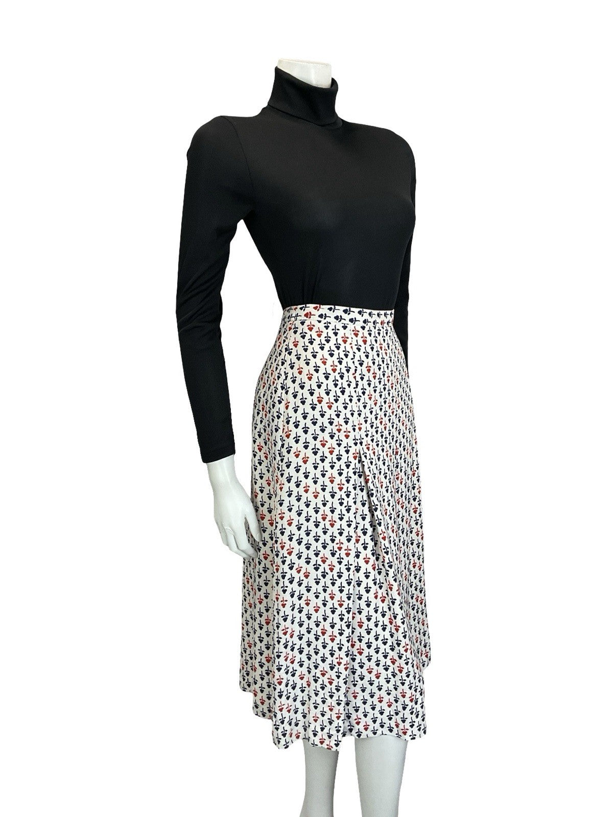 VTG 60S 70S WHITE RED NAVY BLUE GEOMETRIC FLORAL PLEATED PREPPY MIDI SKIRT 10