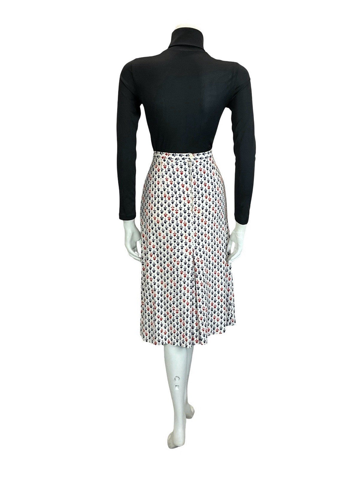 VTG 60S 70S WHITE RED NAVY BLUE GEOMETRIC FLORAL PLEATED PREPPY MIDI SKIRT 10