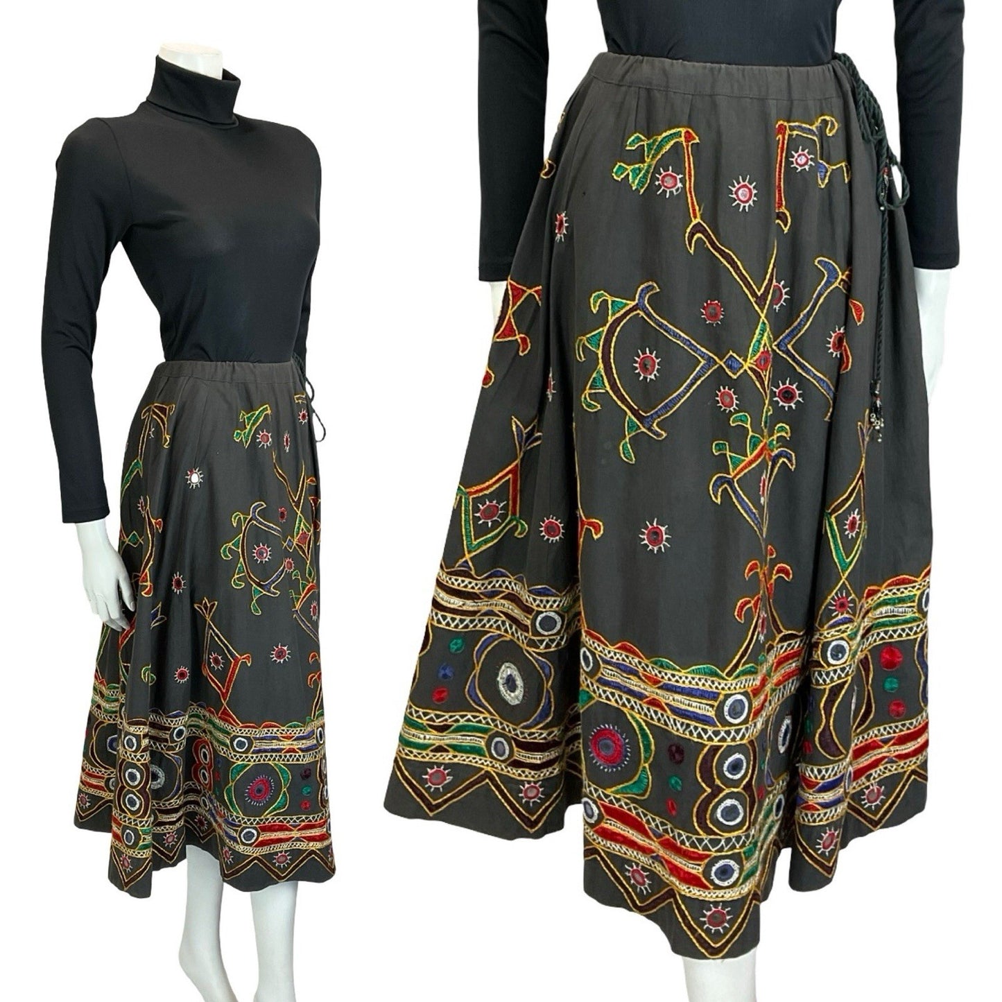 VTG 70S BLACK RED YELLOW BLUE GREEN HIPPY EMBROIDERED ROPE BELL SKIRT 12 14 16