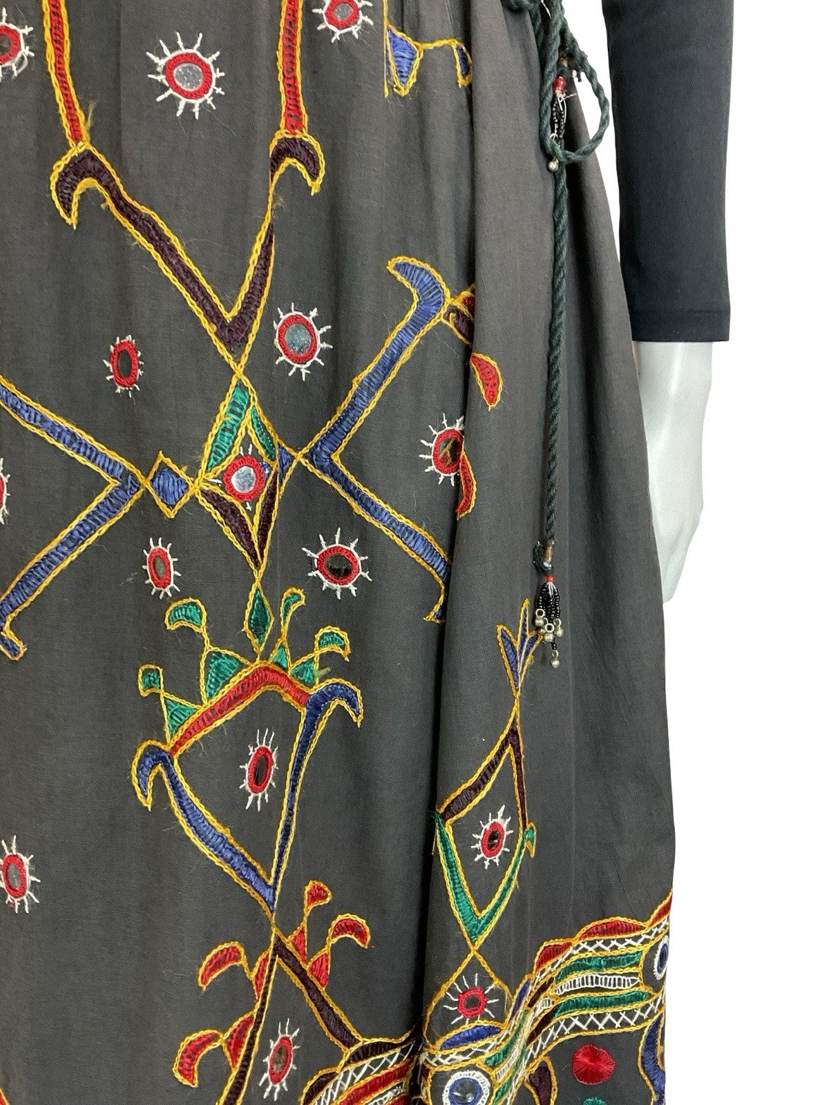 VTG 70S BLACK RED YELLOW BLUE GREEN HIPPY EMBROIDERED ROPE BELL SKIRT 12 14 16