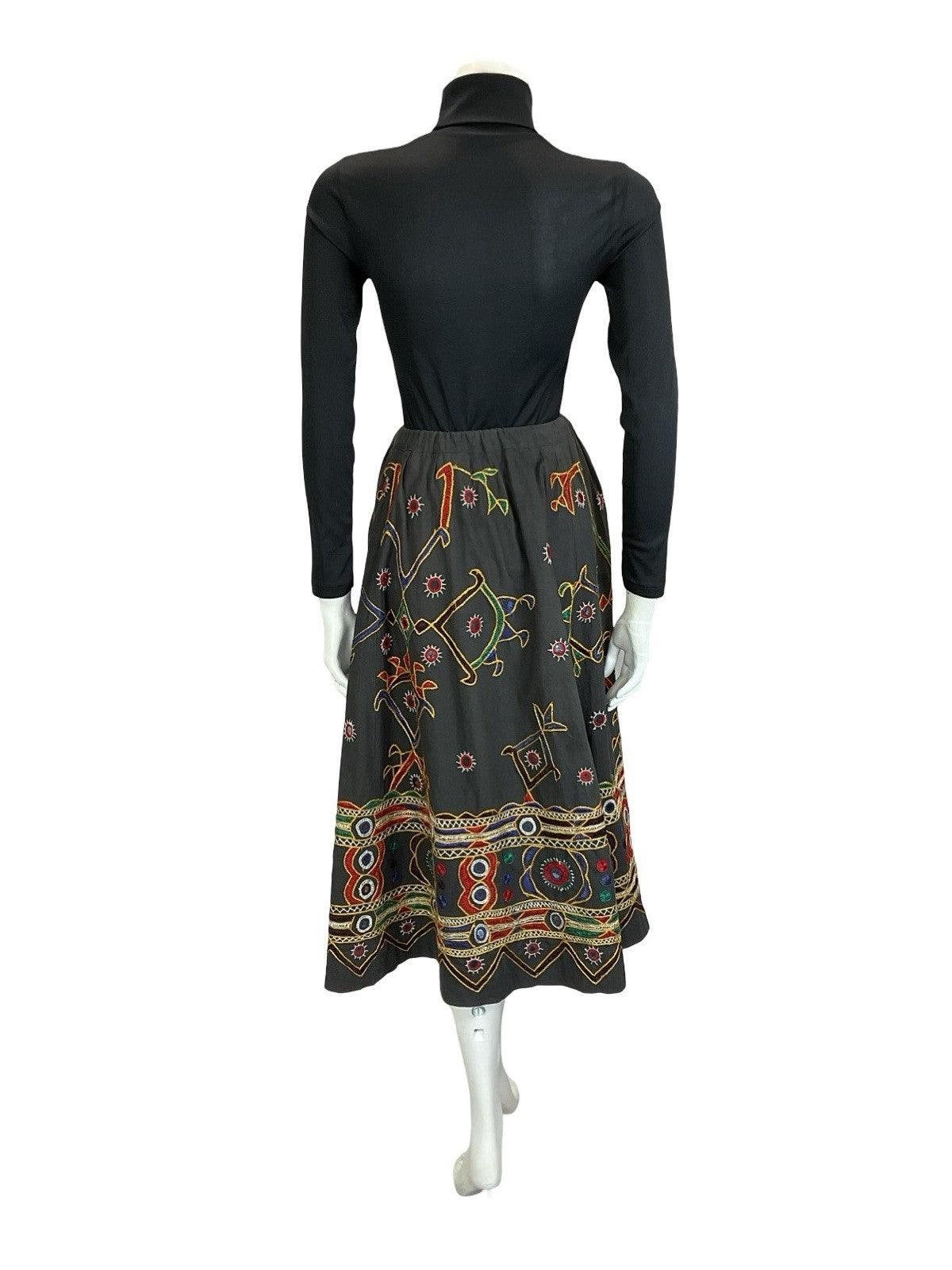 VTG 70S BLACK RED YELLOW BLUE GREEN HIPPY EMBROIDERED ROPE BELL SKIRT 12 14 16