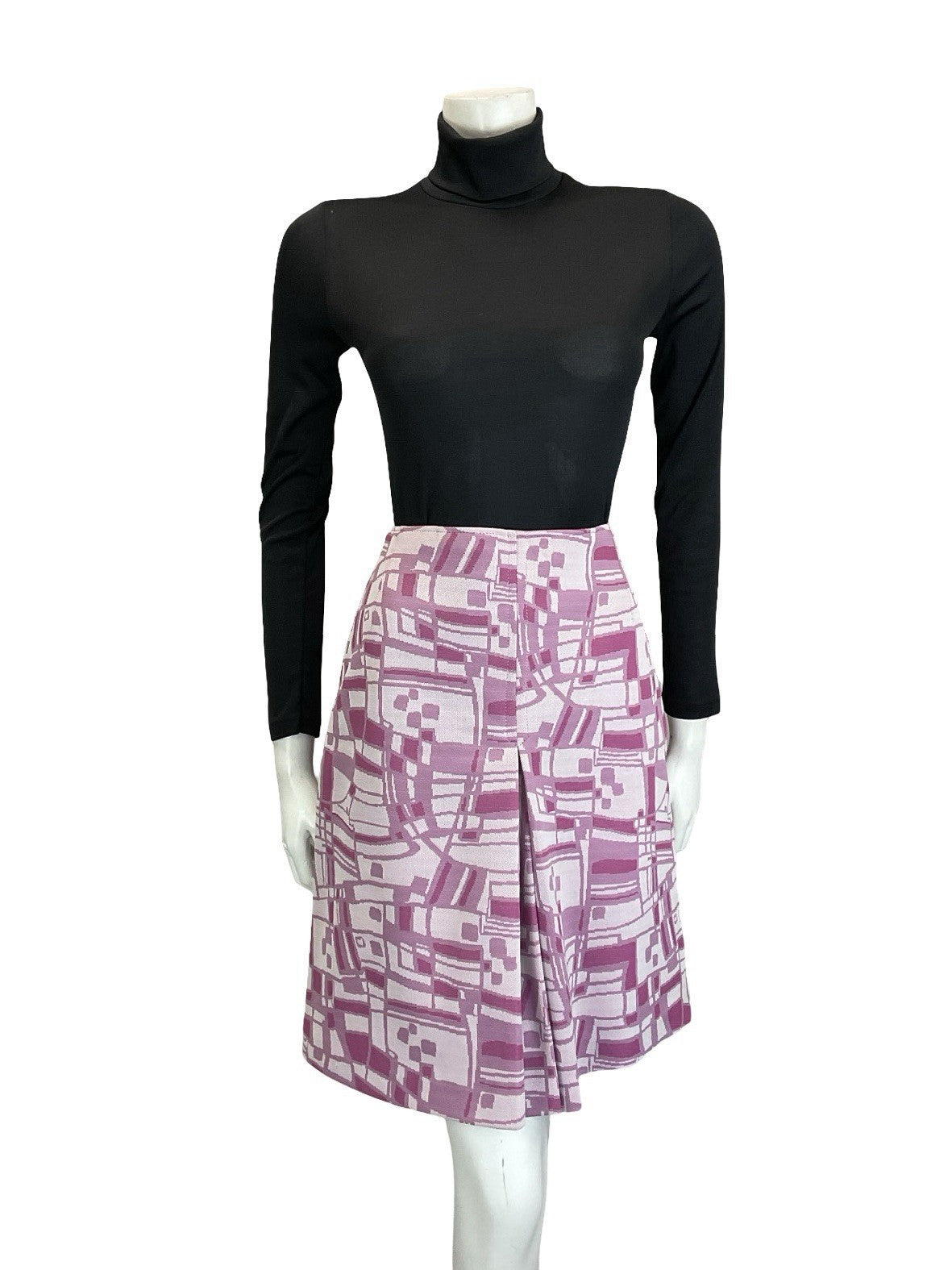 VTG 60S 70S PINK ABSTRACT GEOMETRIC FORNT PLEAT PREPPY MIDI SKIRT 8