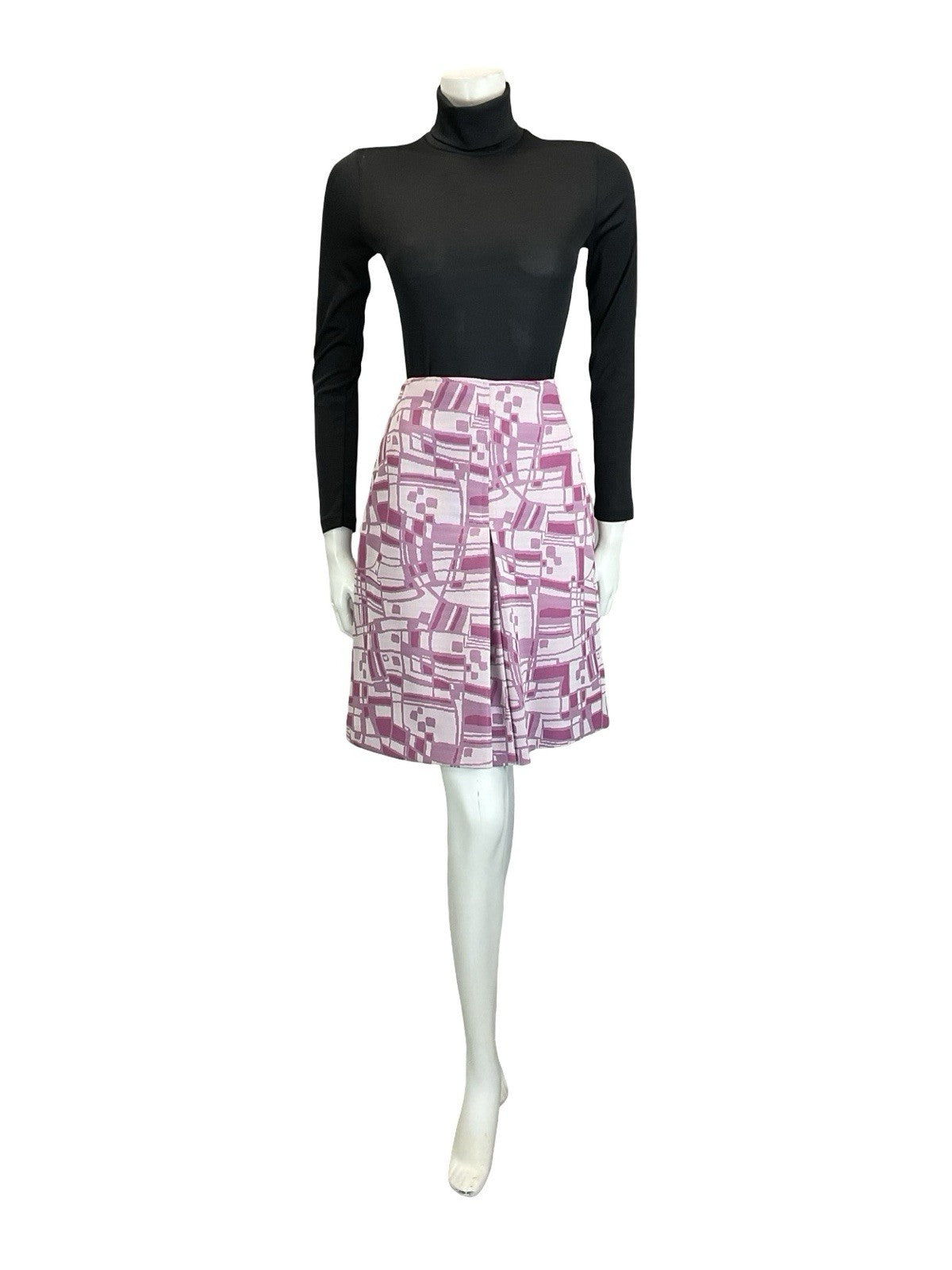 VTG 60S 70S PINK ABSTRACT GEOMETRIC FORNT PLEAT PREPPY MIDI SKIRT 8