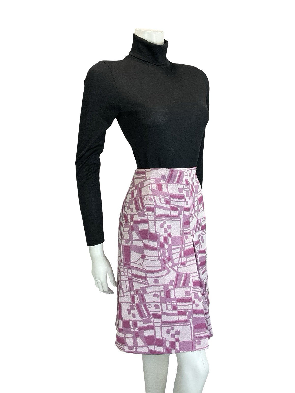 VTG 60S 70S PINK ABSTRACT GEOMETRIC FORNT PLEAT PREPPY MIDI SKIRT 8