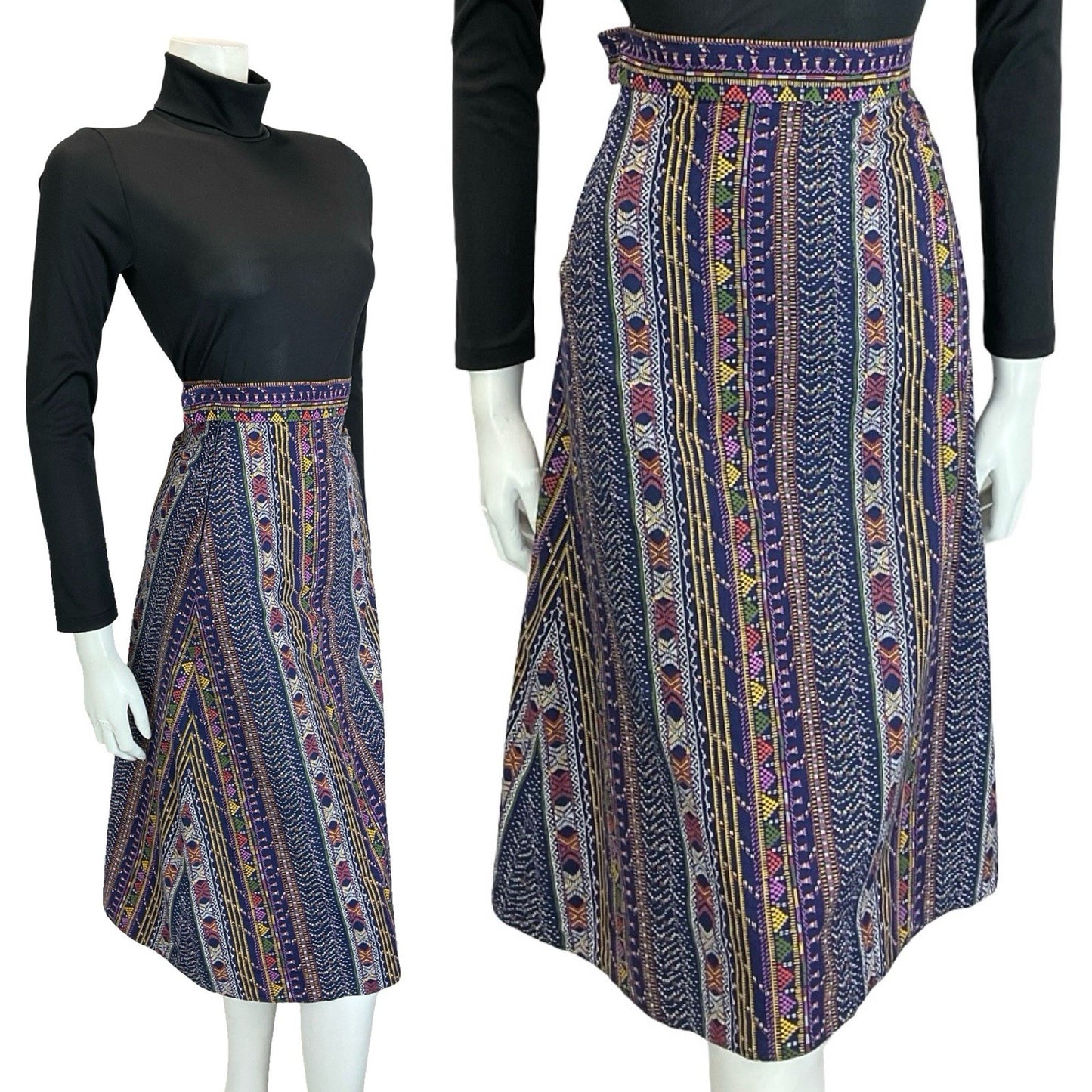 VTG 60S 70S BLUE WHITE YELLOW PURPLE FOLK STITCH STRIPE A LINE MIDI SKIRT XS 6