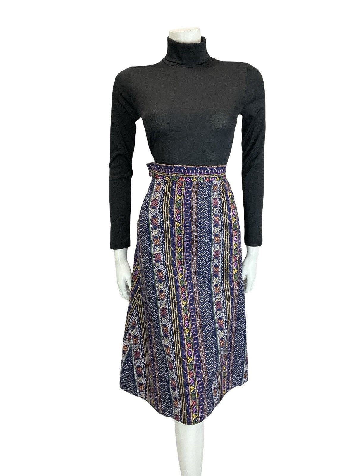 VTG 60S 70S BLUE WHITE YELLOW PURPLE FOLK STITCH STRIPE A LINE MIDI SKIRT XS 6