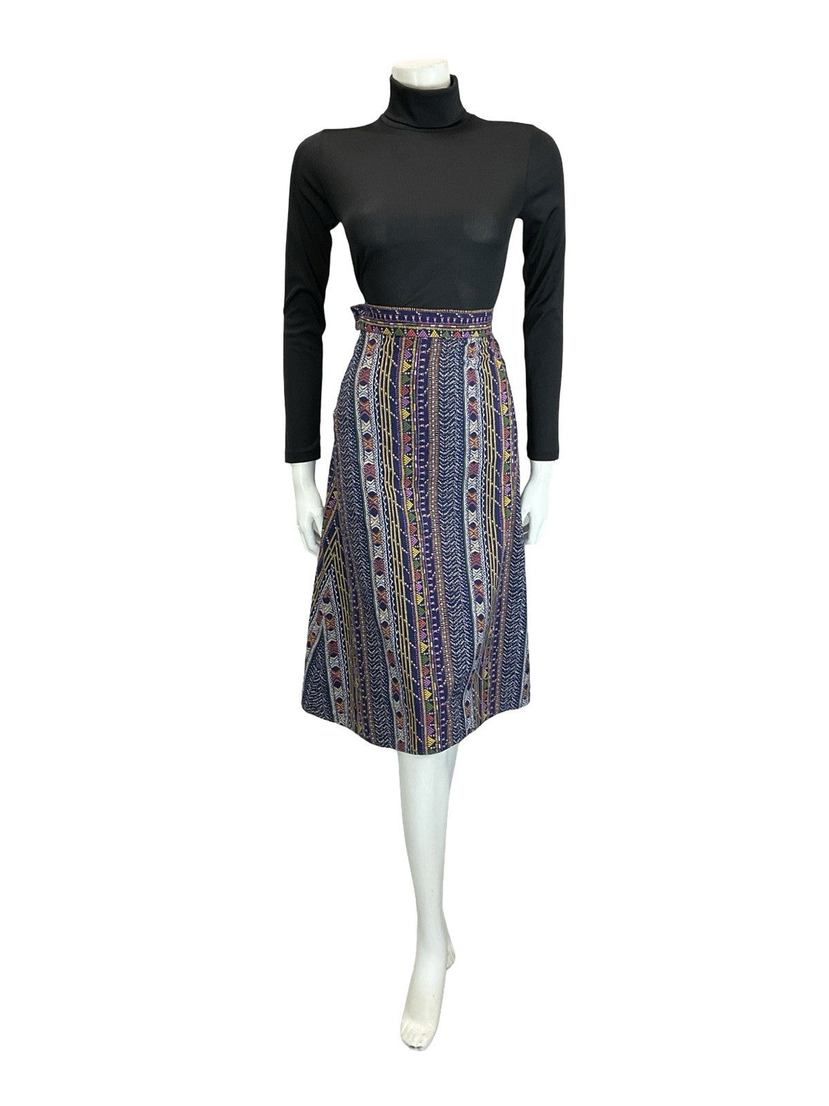 VTG 60S 70S BLUE WHITE YELLOW PURPLE FOLK STITCH STRIPE A LINE MIDI SKIRT XS 6