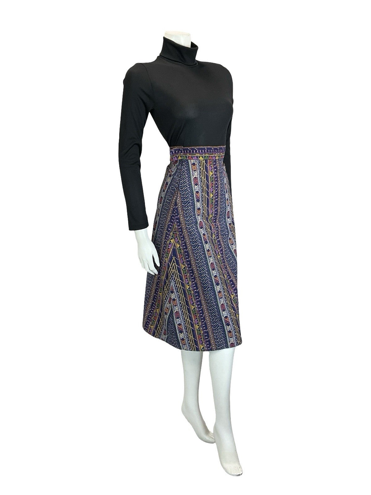 VTG 60S 70S BLUE WHITE YELLOW PURPLE FOLK STITCH STRIPE A LINE MIDI SKIRT XS 6