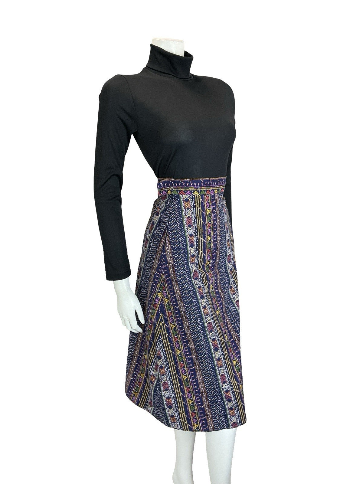VTG 60S 70S BLUE WHITE YELLOW PURPLE FOLK STITCH STRIPE A LINE MIDI SKIRT XS 6