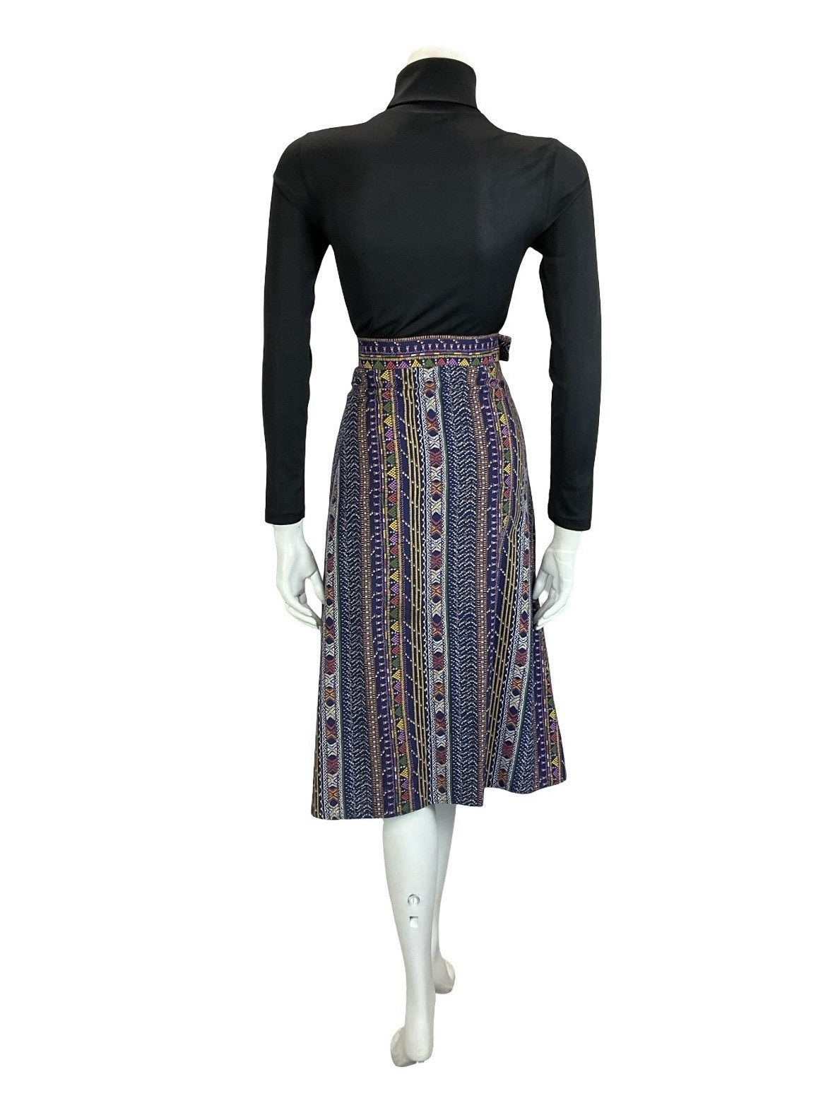 VTG 60S 70S BLUE WHITE YELLOW PURPLE FOLK STITCH STRIPE A LINE MIDI SKIRT XS 6
