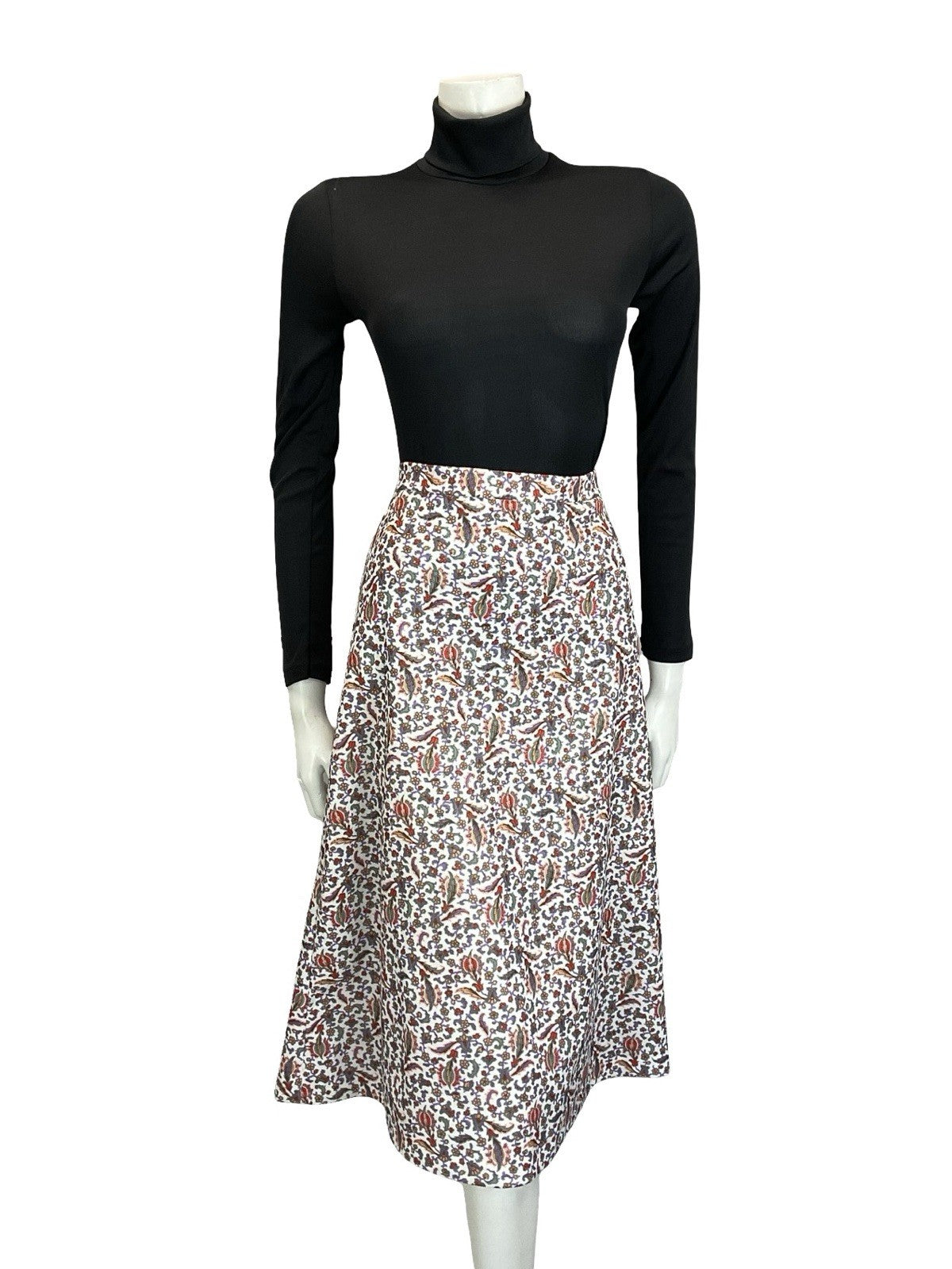VTG 60S 70S FOLK BOHO WHITE RED GREEN PURPLE BEIGE FLORAL A LINE MIDI SKIRT 10