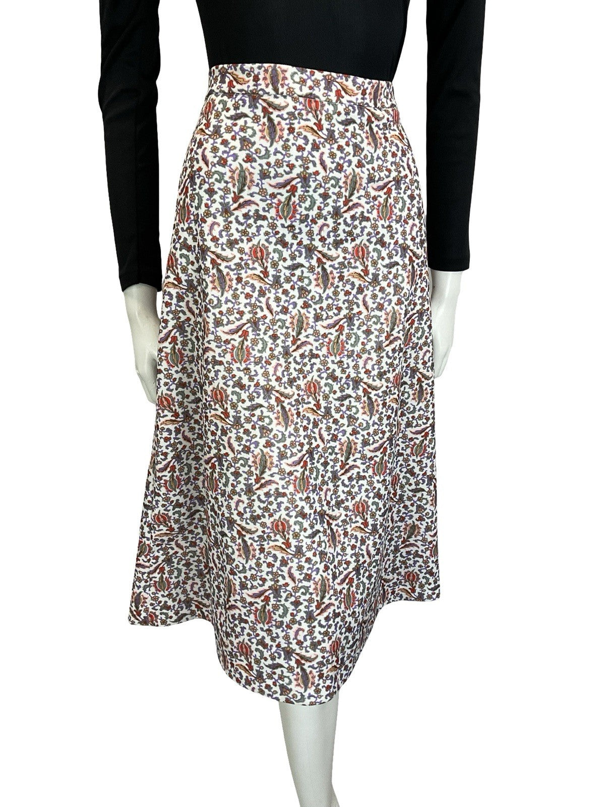 VTG 60S 70S FOLK BOHO WHITE RED GREEN PURPLE BEIGE FLORAL A LINE MIDI SKIRT 10