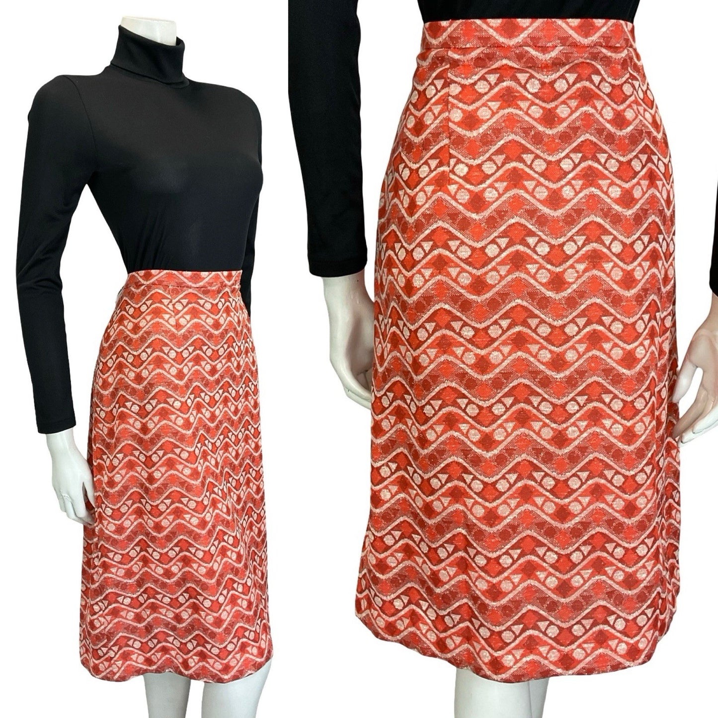VTG 60S 70S ORANGE WHITE GEOMETRIC ZIG ZAG DOT TRIANGLE PENCIL MIDI SKIRT 14