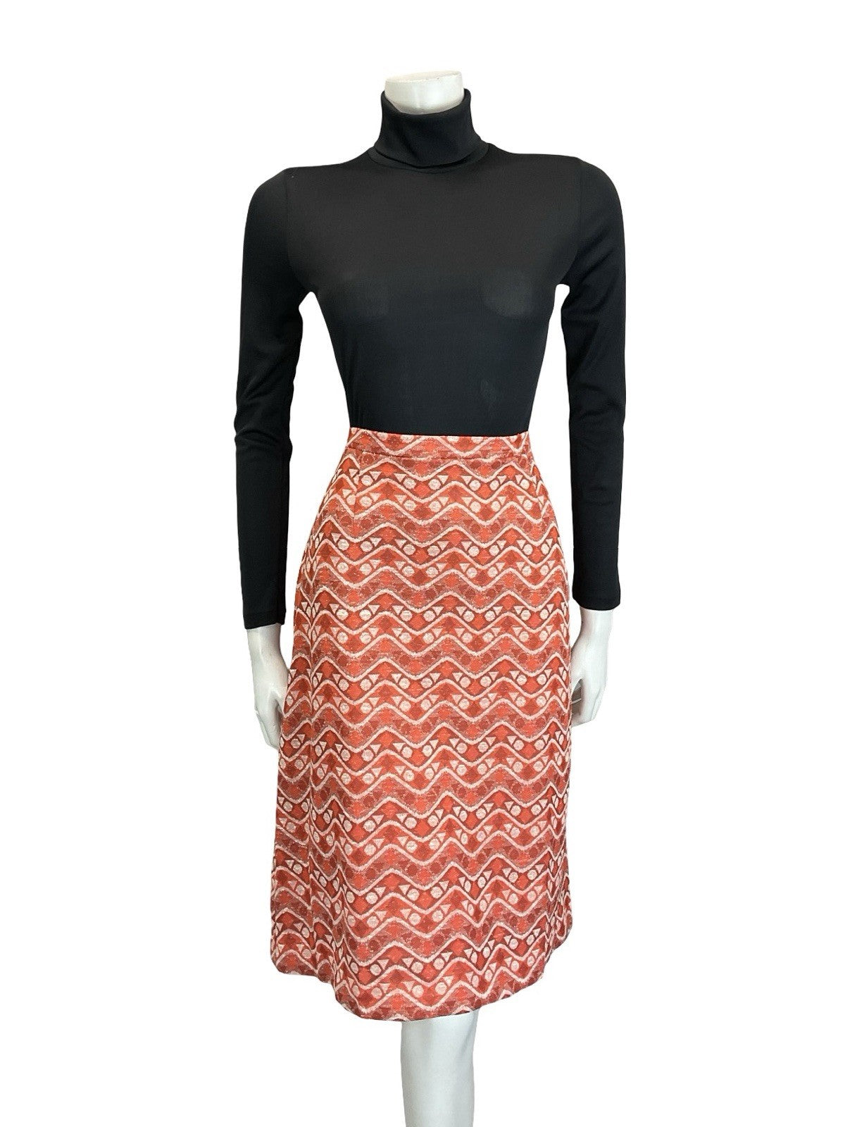 VTG 60S 70S ORANGE WHITE GEOMETRIC ZIG ZAG DOT TRIANGLE PENCIL MIDI SKIRT 14