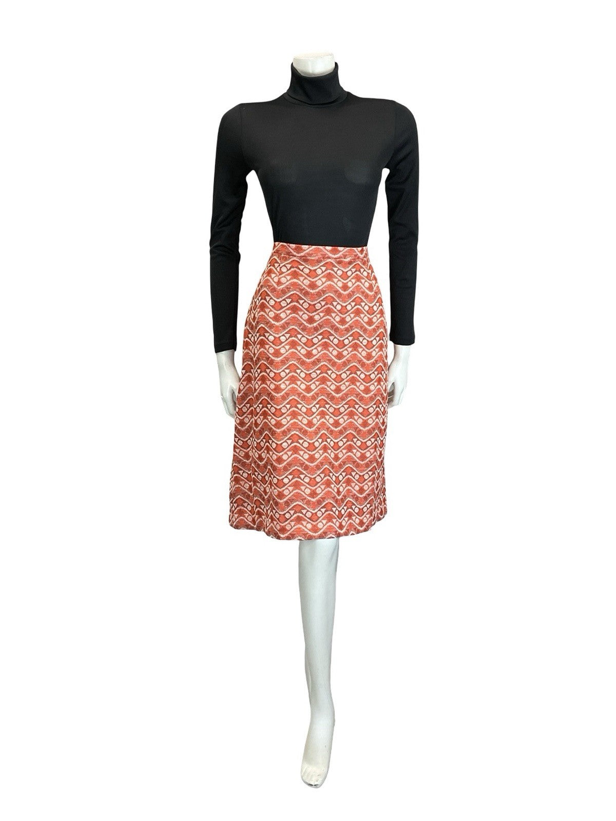 VTG 60S 70S ORANGE WHITE GEOMETRIC ZIG ZAG DOT TRIANGLE PENCIL MIDI SKIRT 14