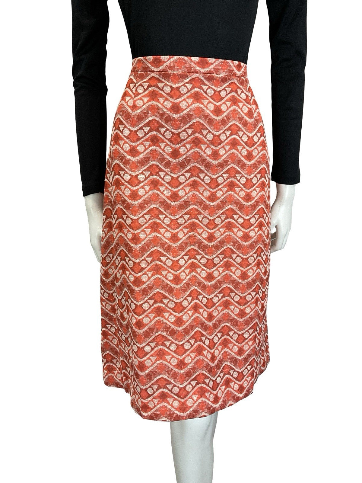 VTG 60S 70S ORANGE WHITE GEOMETRIC ZIG ZAG DOT TRIANGLE PENCIL MIDI SKIRT 14