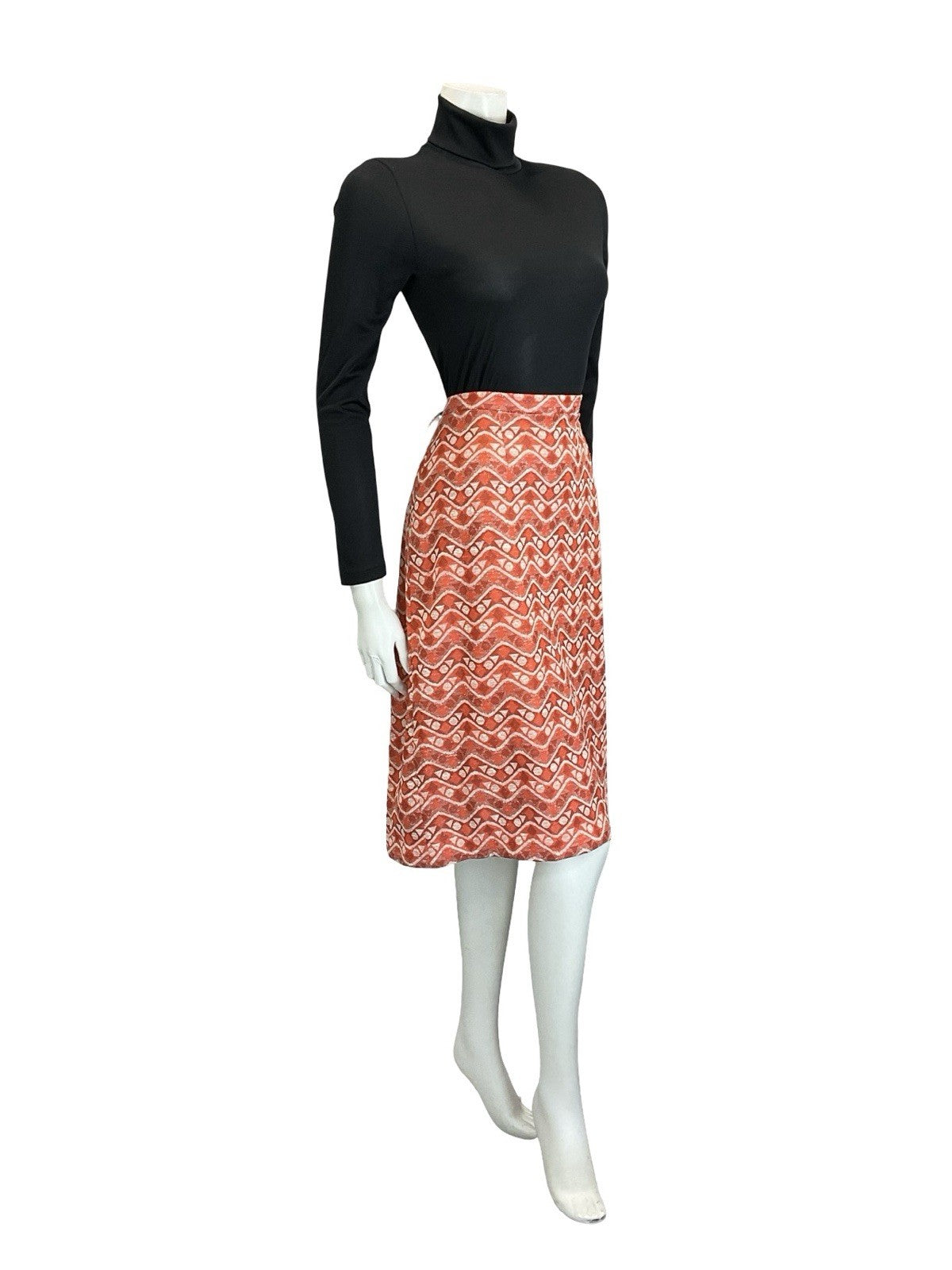 VTG 60S 70S ORANGE WHITE GEOMETRIC ZIG ZAG DOT TRIANGLE PENCIL MIDI SKIRT 14
