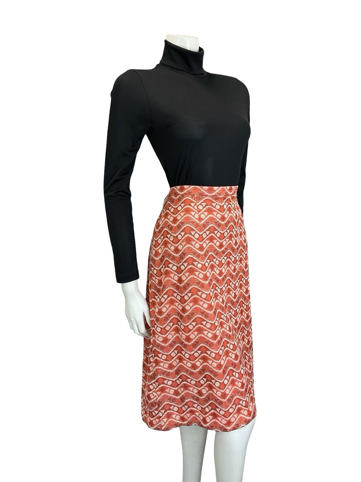VTG 60S 70S ORANGE WHITE GEOMETRIC ZIG ZAG DOT TRIANGLE PENCIL MIDI SKIRT 14