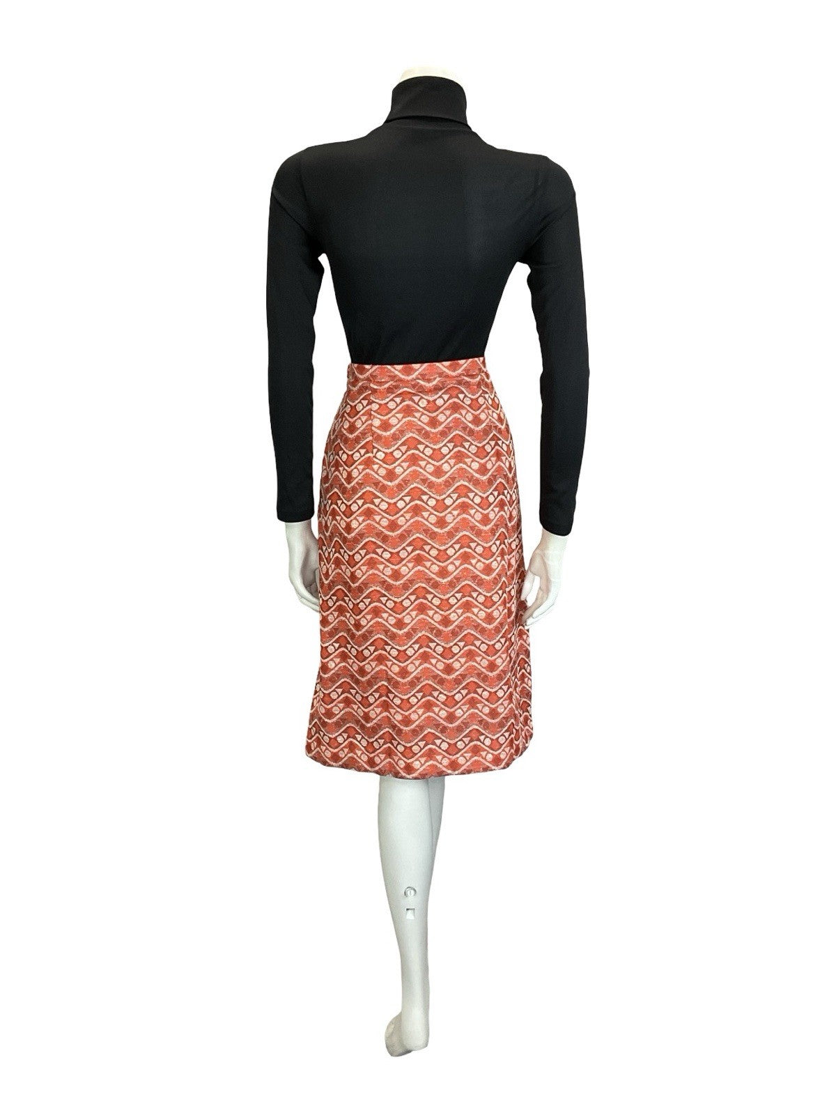 VTG 60S 70S ORANGE WHITE GEOMETRIC ZIG ZAG DOT TRIANGLE PENCIL MIDI SKIRT 14