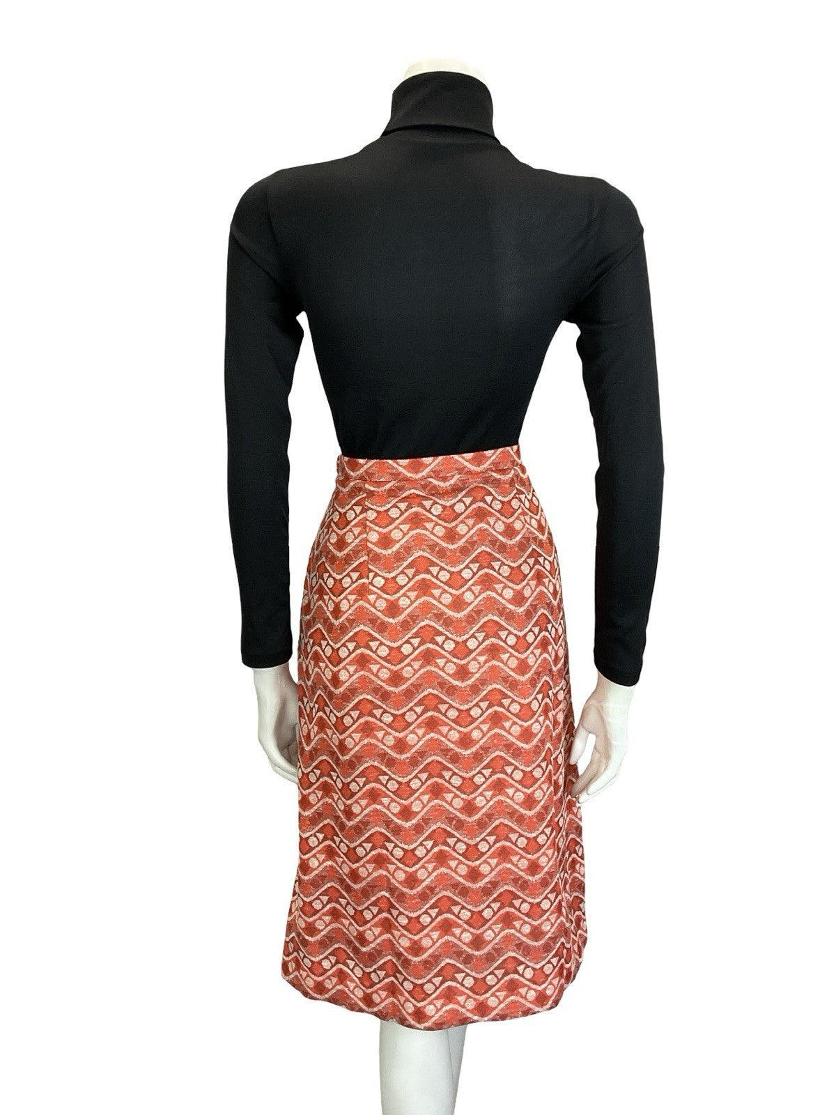 VTG 60S 70S ORANGE WHITE GEOMETRIC ZIG ZAG DOT TRIANGLE PENCIL MIDI SKIRT 14