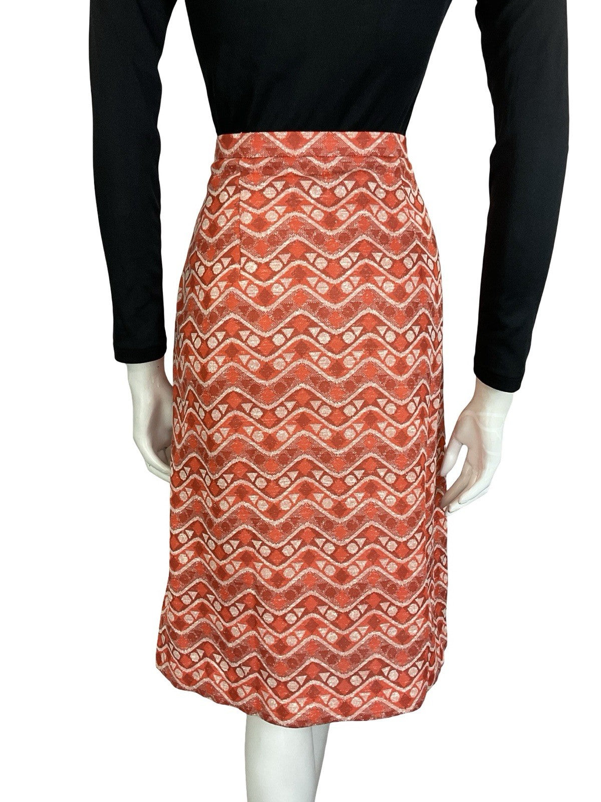 VTG 60S 70S ORANGE WHITE GEOMETRIC ZIG ZAG DOT TRIANGLE PENCIL MIDI SKIRT 14