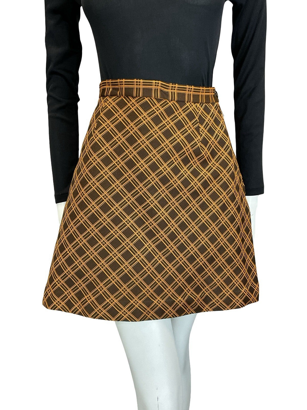 VTG 60S 70S ORANGE BROWN MOD PREPPY A LINE CHECKED PLAID MINI SKIRT 4
