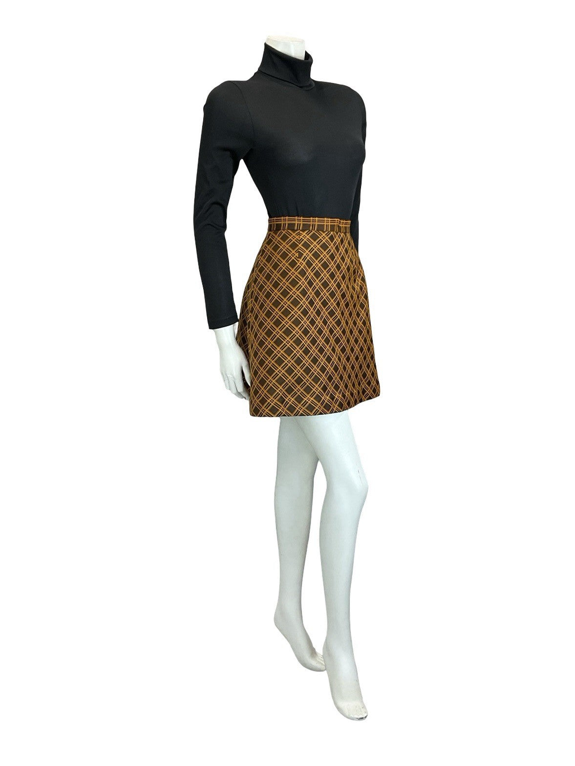 VTG 60S 70S ORANGE BROWN MOD PREPPY A LINE CHECKED PLAID MINI SKIRT 4