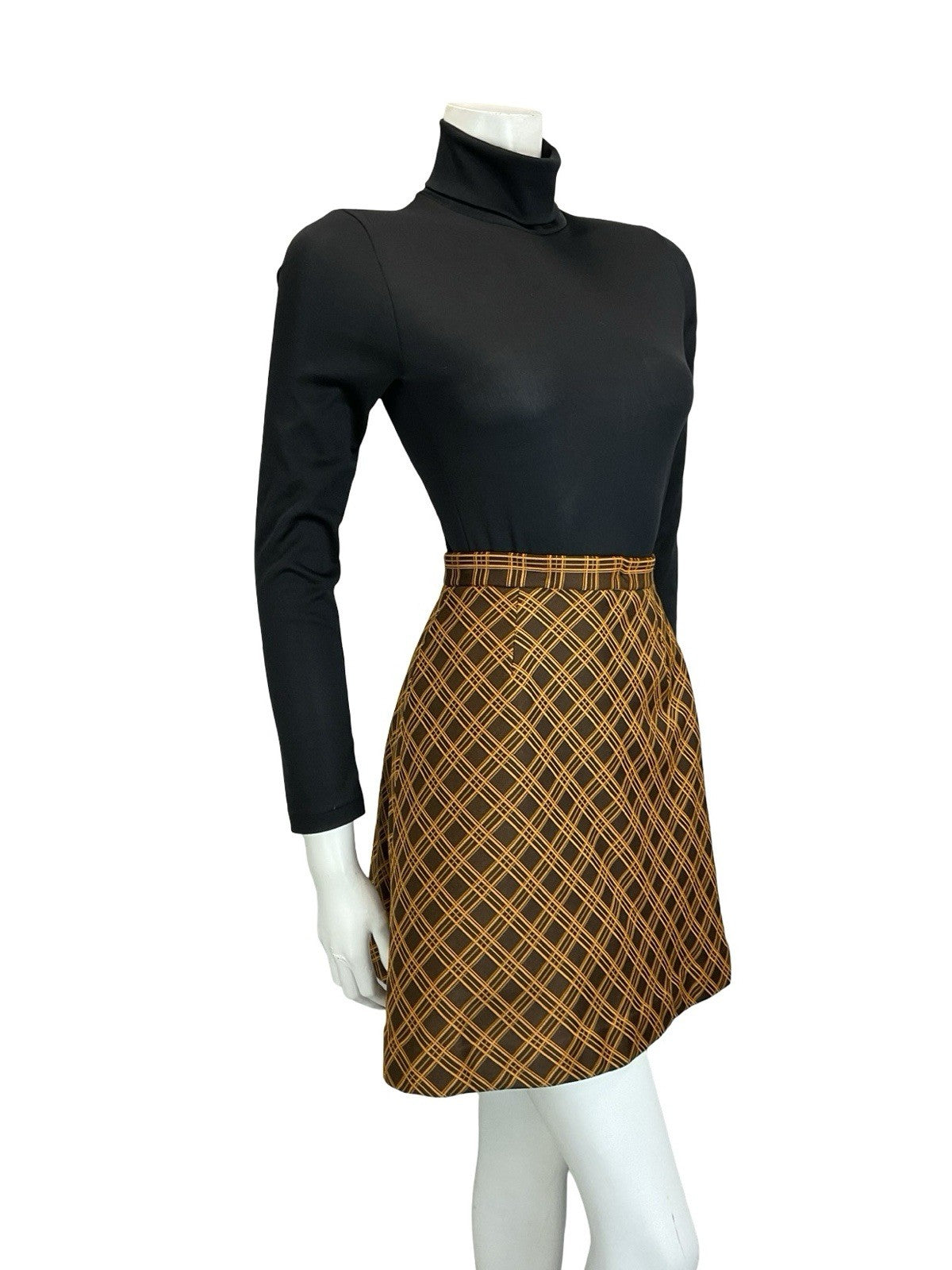 VTG 60S 70S ORANGE BROWN MOD PREPPY A LINE CHECKED PLAID MINI SKIRT 4
