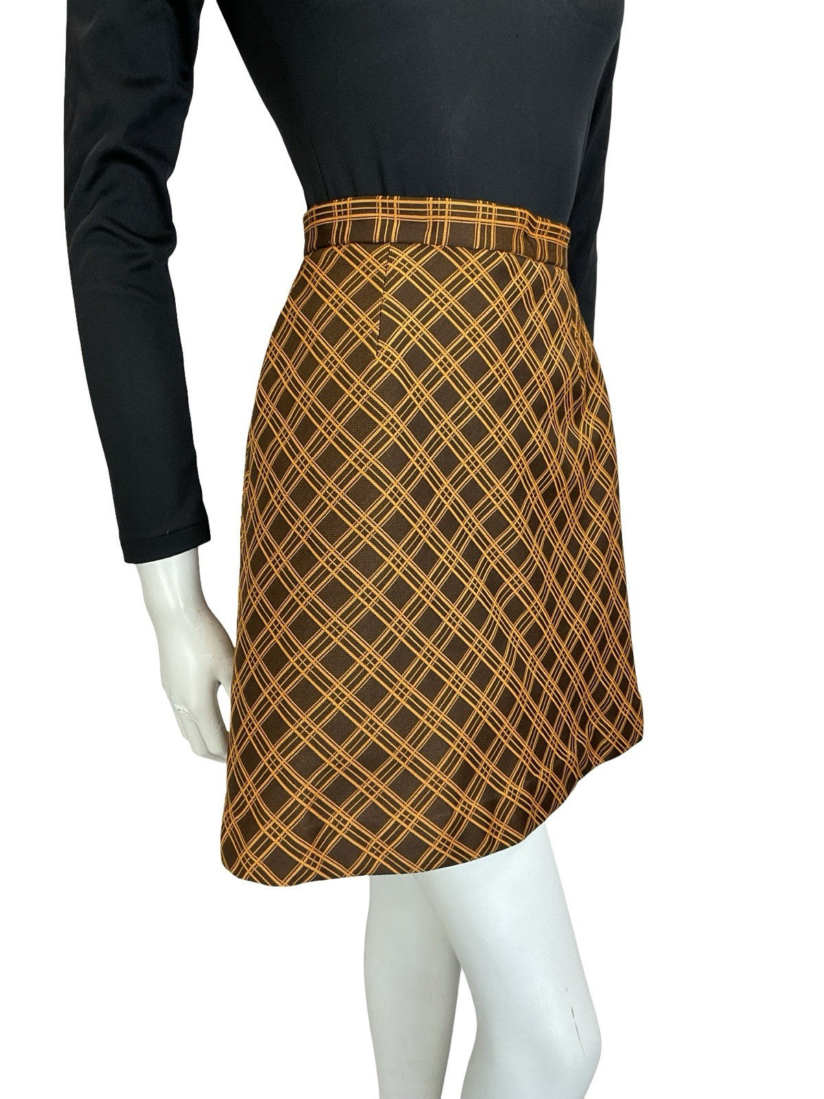 VTG 60S 70S ORANGE BROWN MOD PREPPY A LINE CHECKED PLAID MINI SKIRT 4