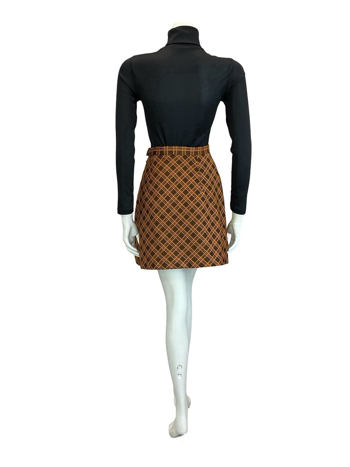 VTG 60S 70S ORANGE BROWN MOD PREPPY A LINE CHECKED PLAID MINI SKIRT 4
