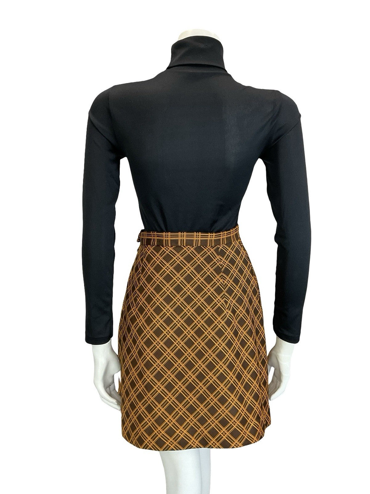 VTG 60S 70S ORANGE BROWN MOD PREPPY A LINE CHECKED PLAID MINI SKIRT 4