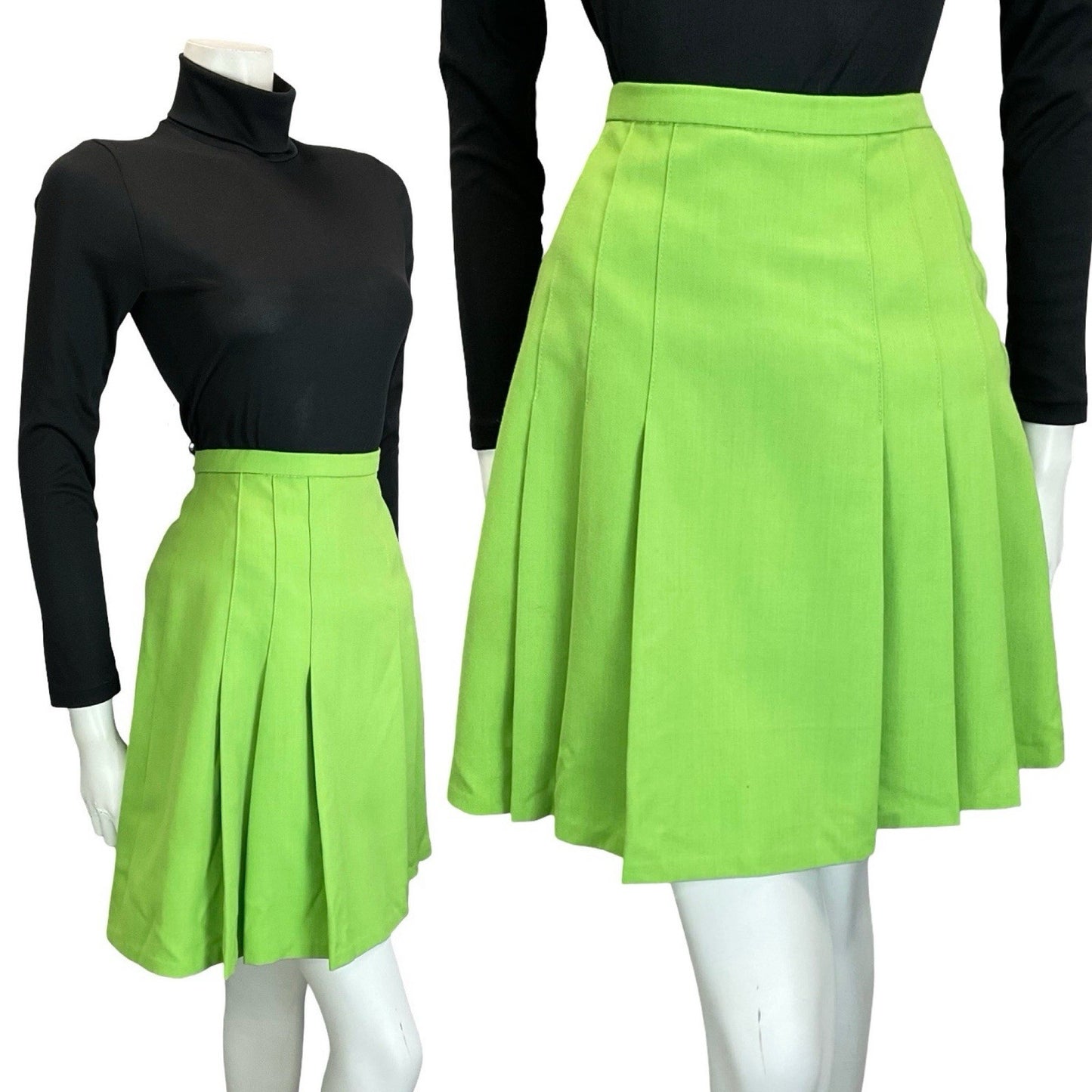 VTG 60S 70S MOD APPLE GREEN PLEATED A LINE MINI SKIRT 8