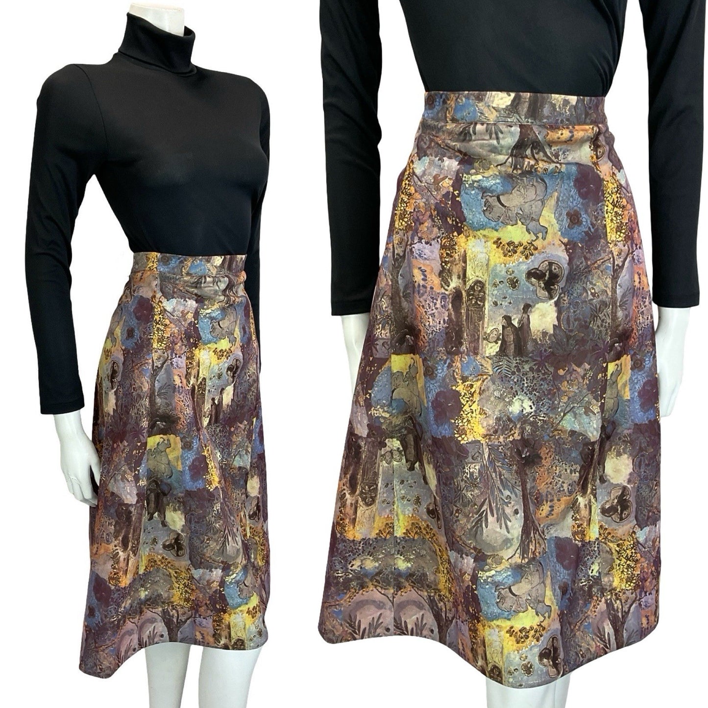 VTG 60S 70S PURPLE BROWN YELLOW MEDIEVAL MONK HORSE TREES MIDI SKIRT 16