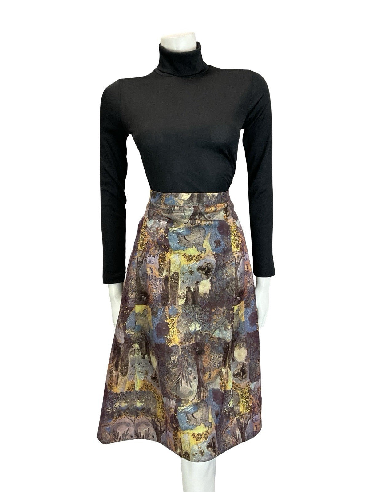 VTG 60S 70S PURPLE BROWN YELLOW MEDIEVAL MONK HORSE TREES MIDI SKIRT 16