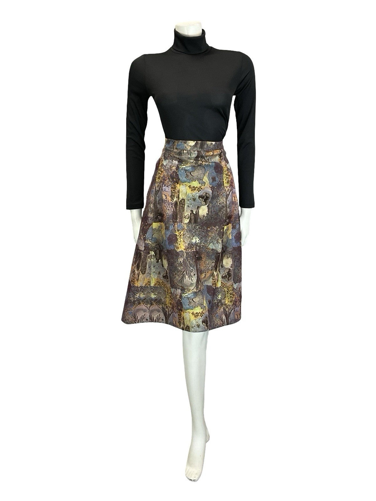 VTG 60S 70S PURPLE BROWN YELLOW MEDIEVAL MONK HORSE TREES MIDI SKIRT 16