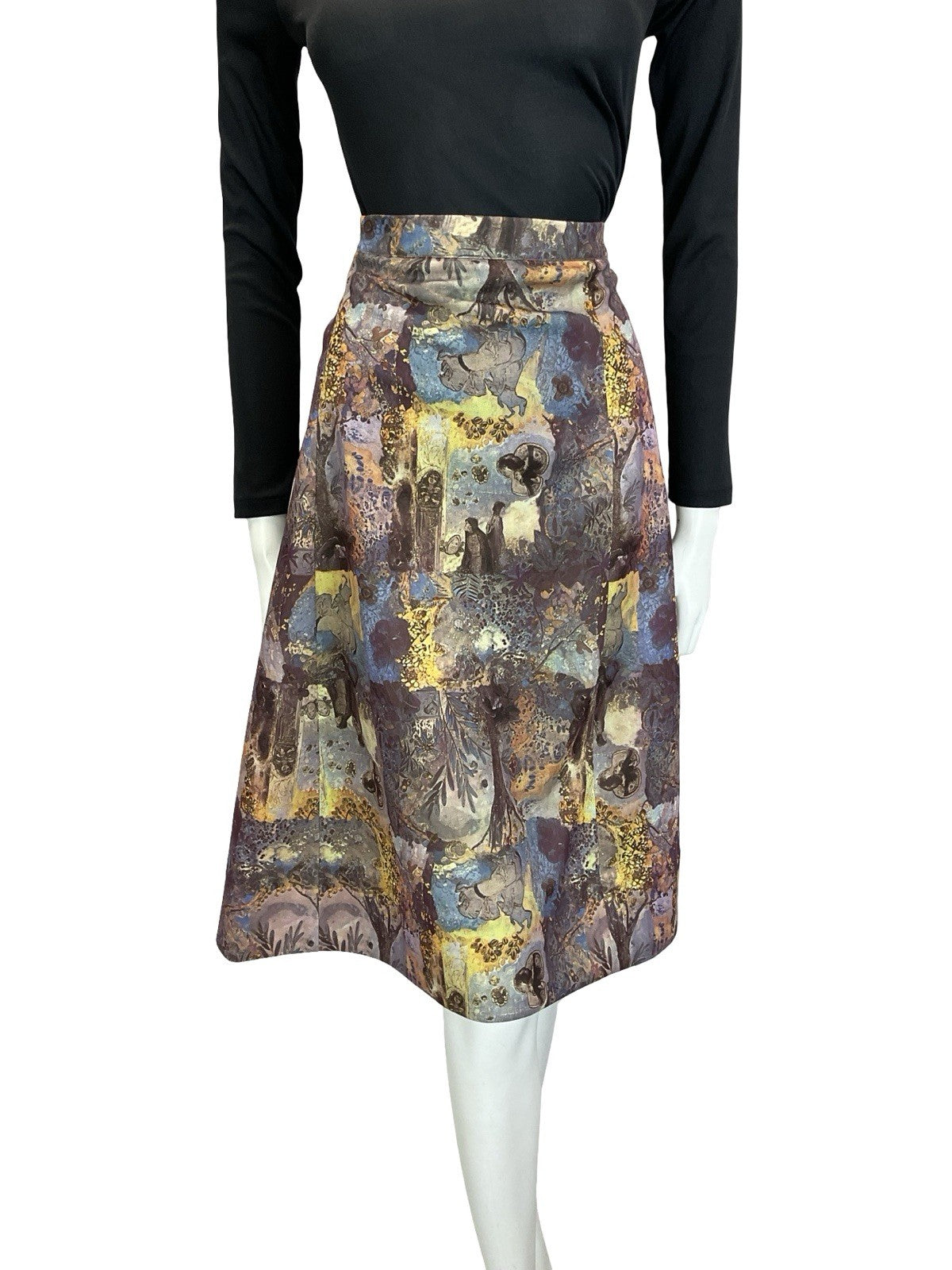 VTG 60S 70S PURPLE BROWN YELLOW MEDIEVAL MONK HORSE TREES MIDI SKIRT 16