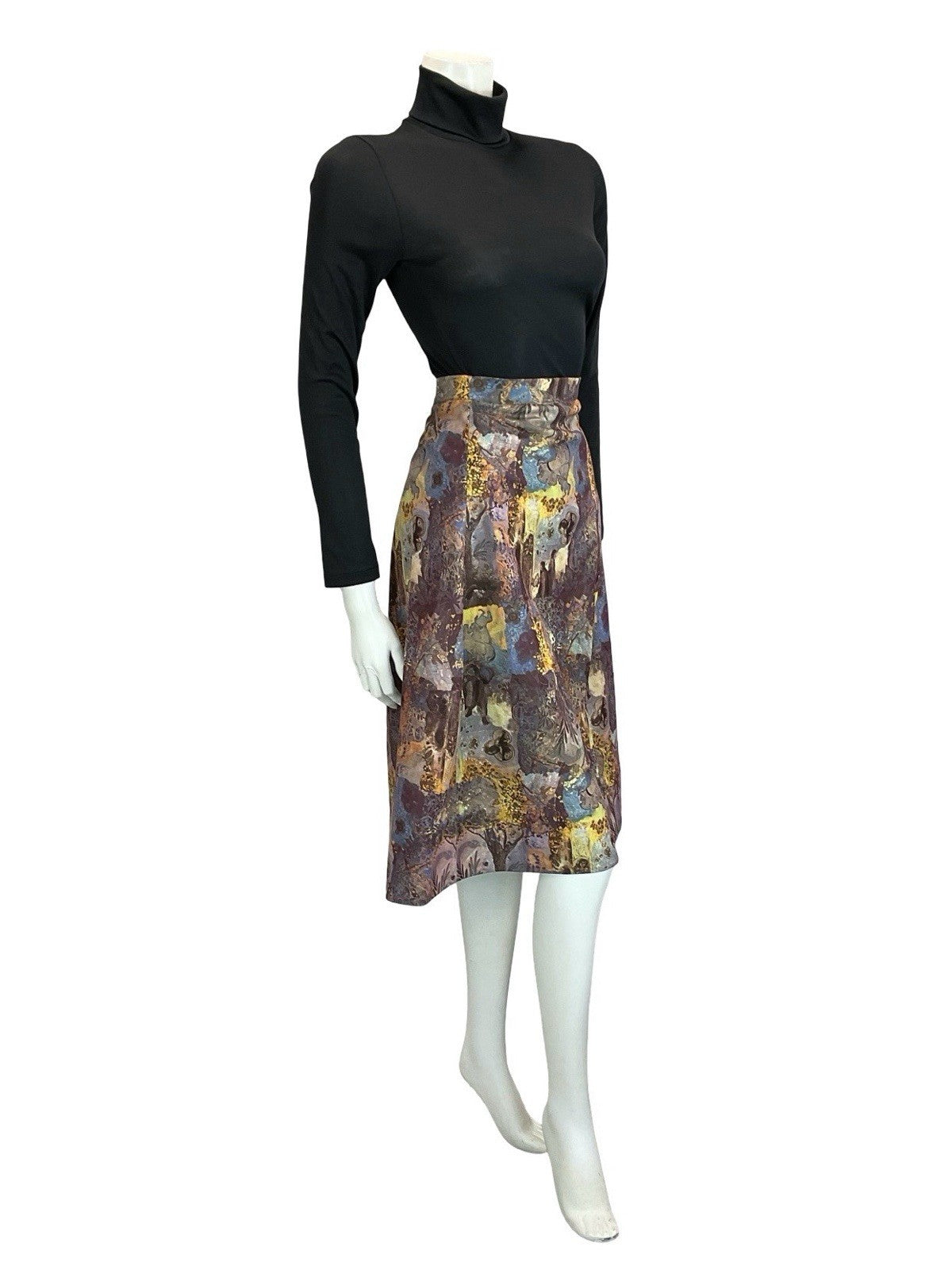 VTG 60S 70S PURPLE BROWN YELLOW MEDIEVAL MONK HORSE TREES MIDI SKIRT 16