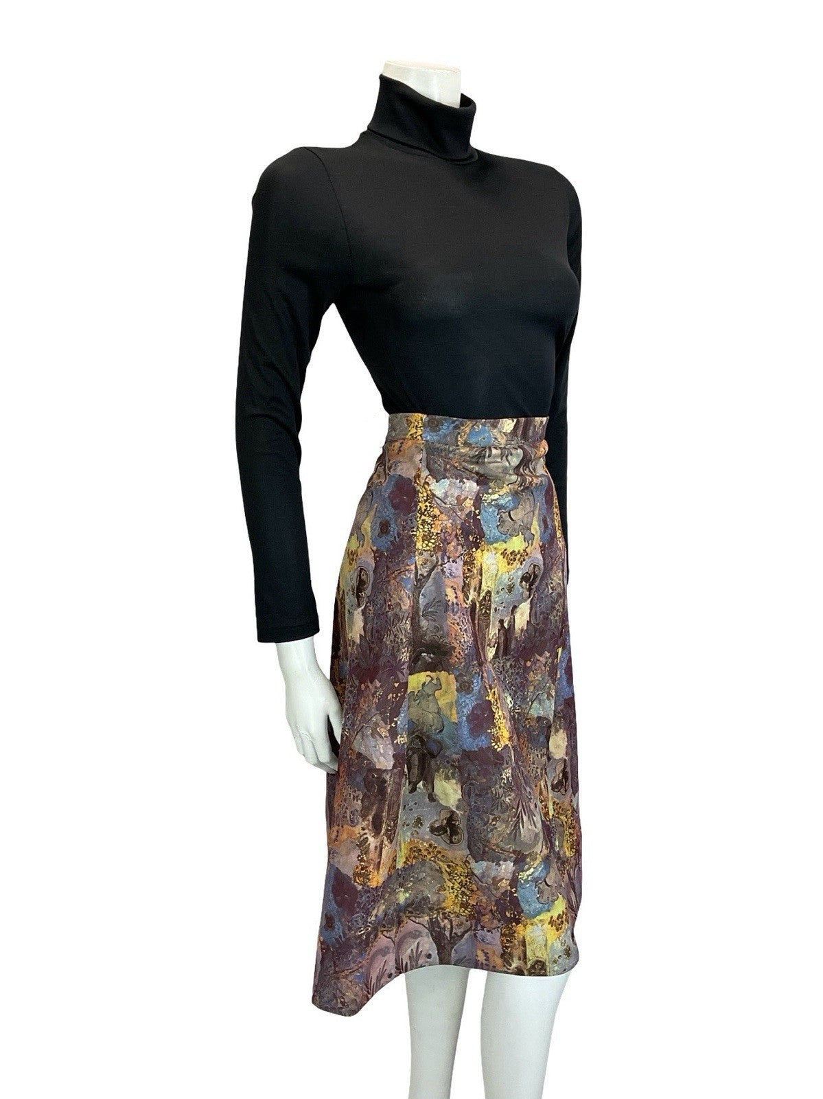 VTG 60S 70S PURPLE BROWN YELLOW MEDIEVAL MONK HORSE TREES MIDI SKIRT 16
