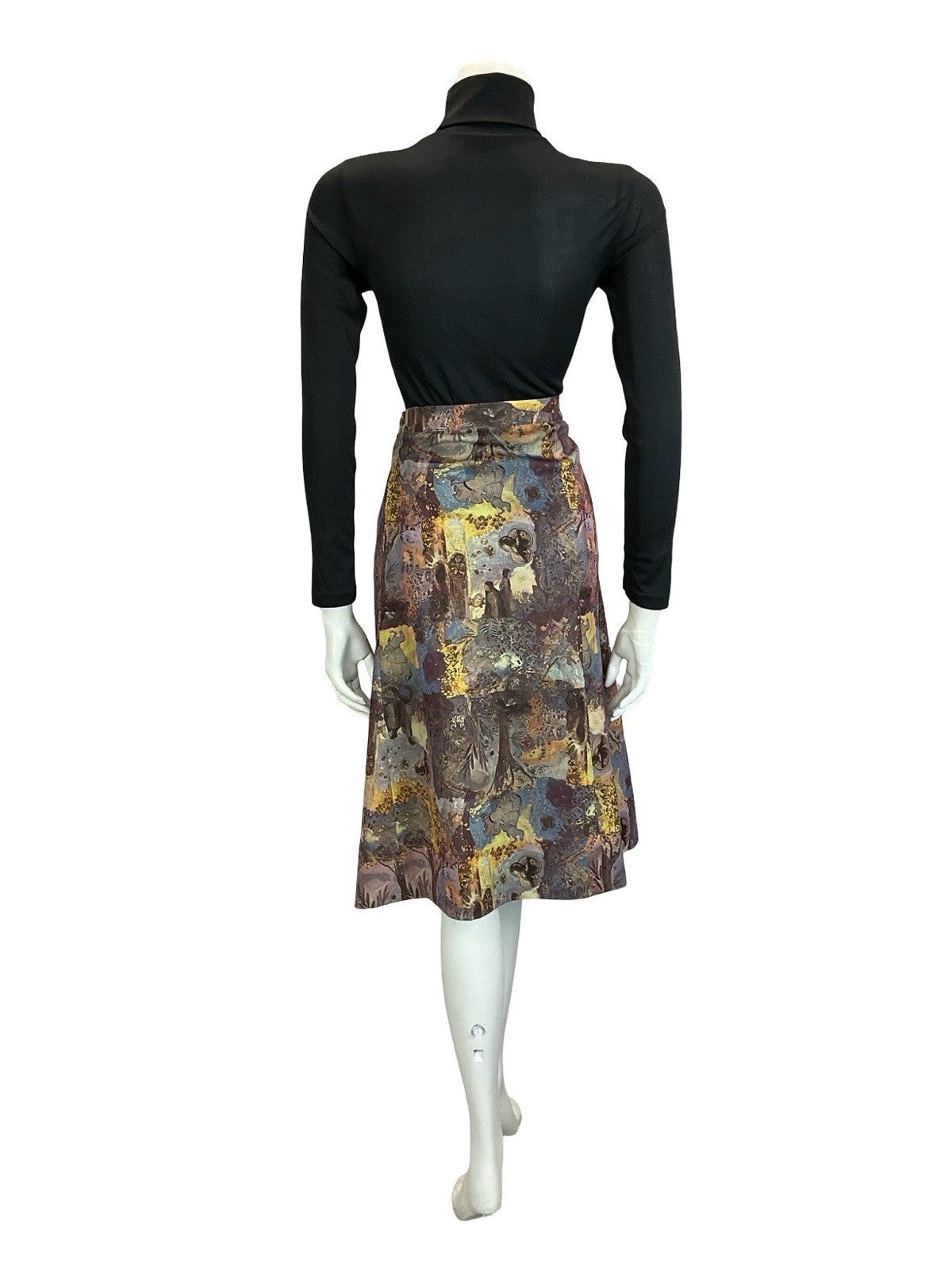 VTG 60S 70S PURPLE BROWN YELLOW MEDIEVAL MONK HORSE TREES MIDI SKIRT 16