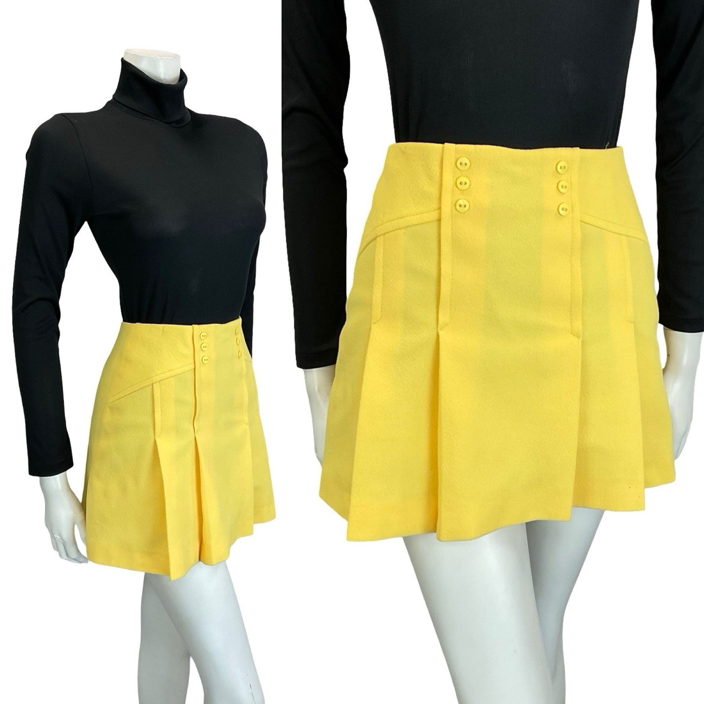 VTG 60S 70S PASTEL YELLOW DOUBLE BREASTED PLEATED MOD GOGO MINI SKIRT XS 6
