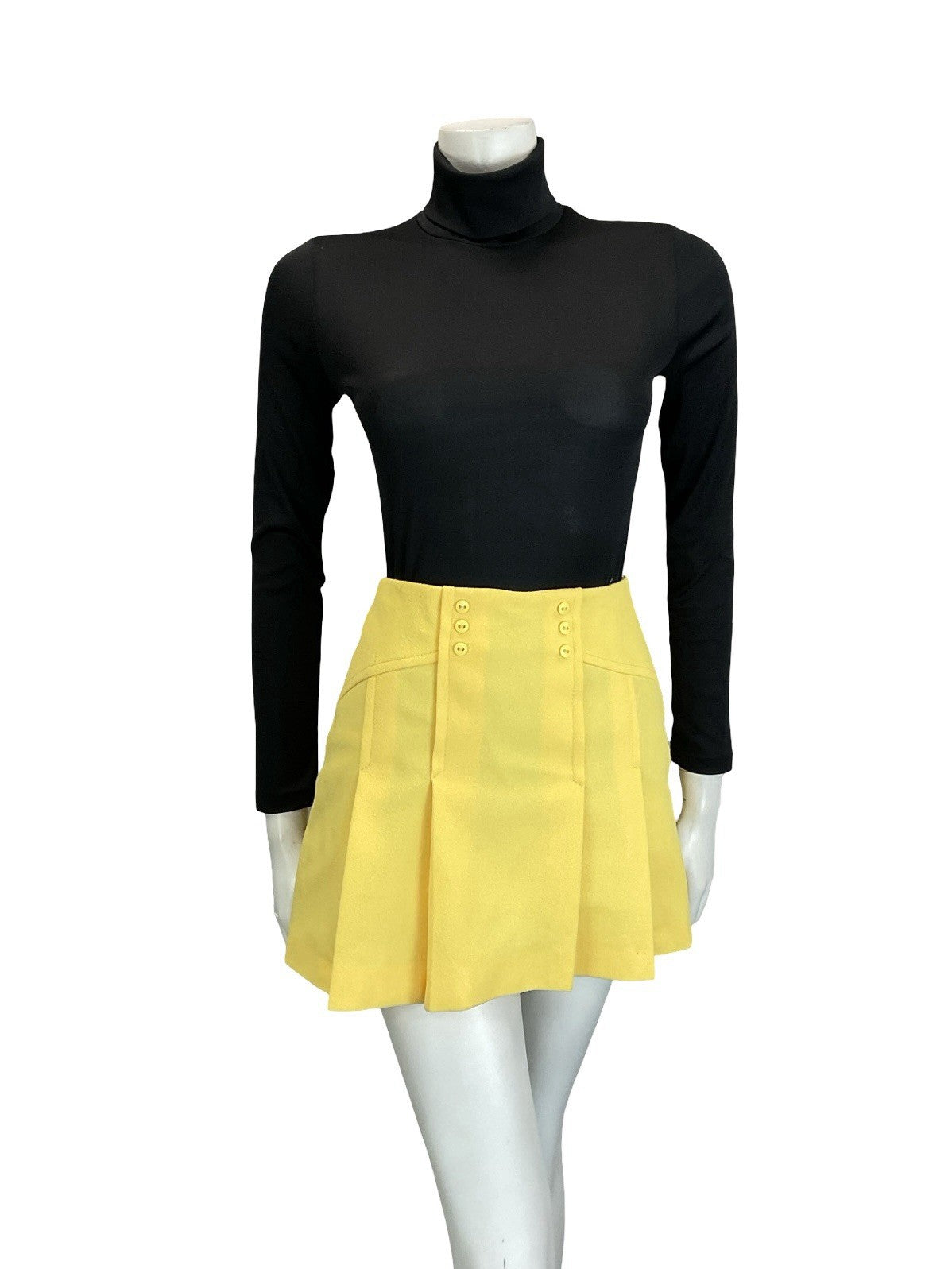 VTG 60S 70S PASTEL YELLOW DOUBLE BREASTED PLEATED MOD GOGO MINI SKIRT XS 6