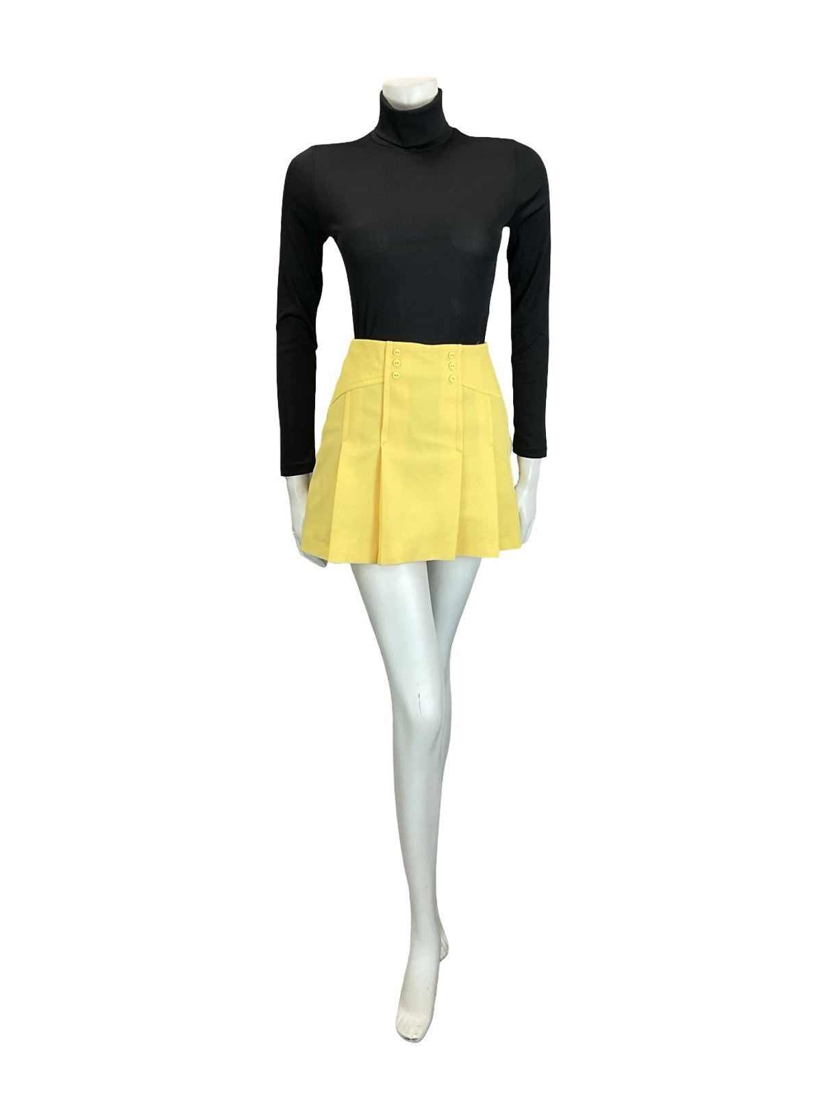 VTG 60S 70S PASTEL YELLOW DOUBLE BREASTED PLEATED MOD GOGO MINI SKIRT XS 6