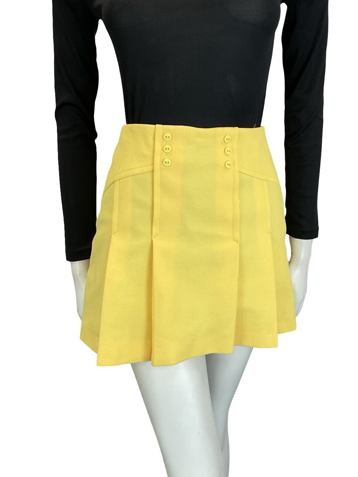 VTG 60S 70S PASTEL YELLOW DOUBLE BREASTED PLEATED MOD GOGO MINI SKIRT XS 6