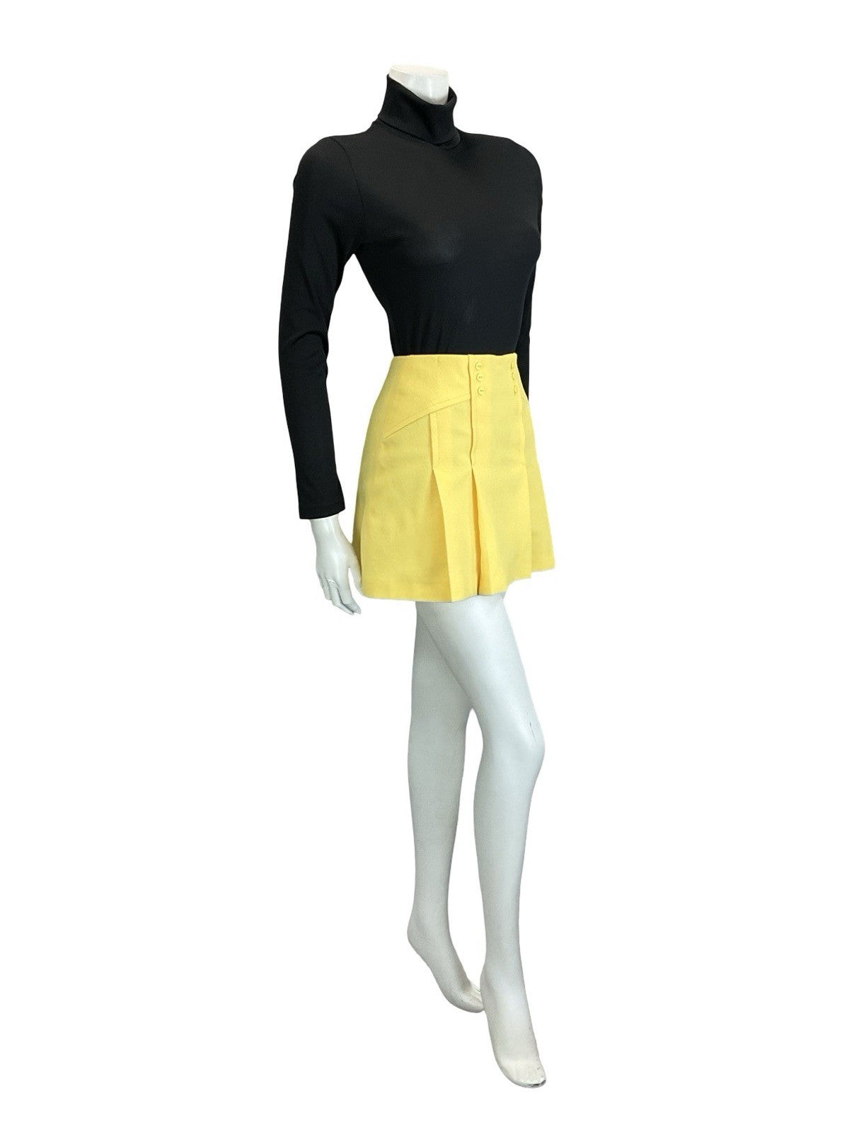 VTG 60S 70S PASTEL YELLOW DOUBLE BREASTED PLEATED MOD GOGO MINI SKIRT XS 6