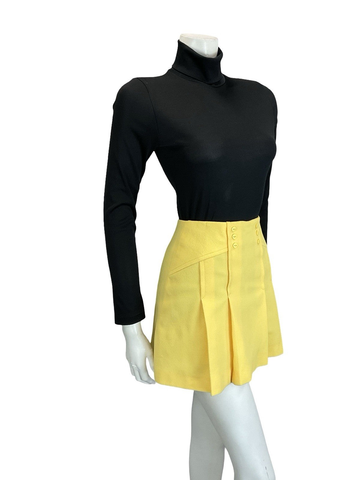 VTG 60S 70S PASTEL YELLOW DOUBLE BREASTED PLEATED MOD GOGO MINI SKIRT XS 6