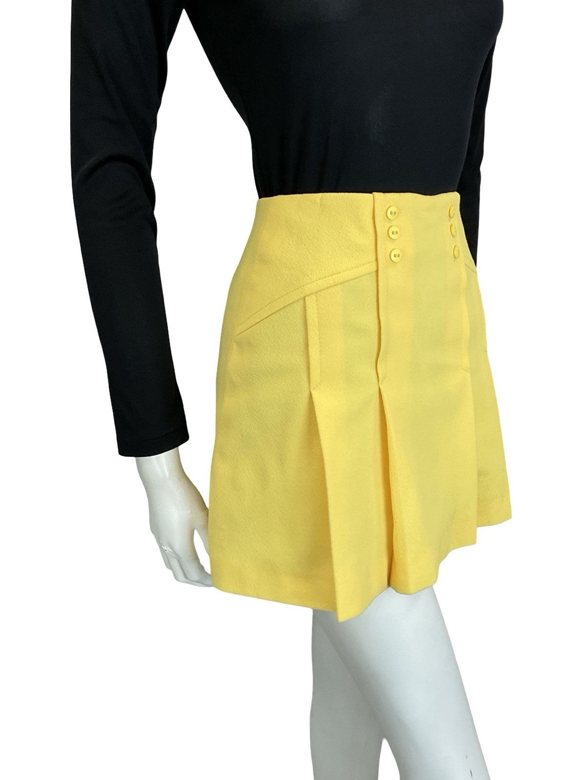 VTG 60S 70S PASTEL YELLOW DOUBLE BREASTED PLEATED MOD GOGO MINI SKIRT XS 6